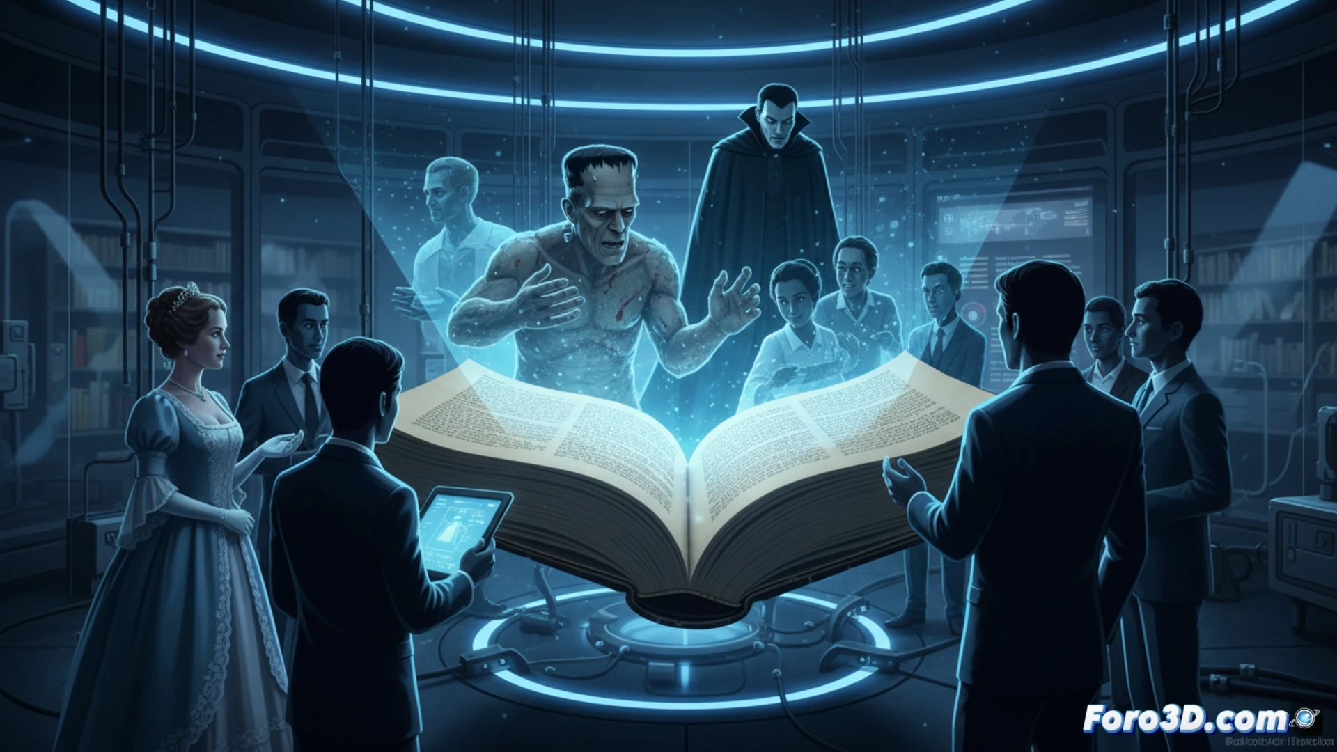 Una persona interactúa con personajes literarios clásicos en una pantalla digital.