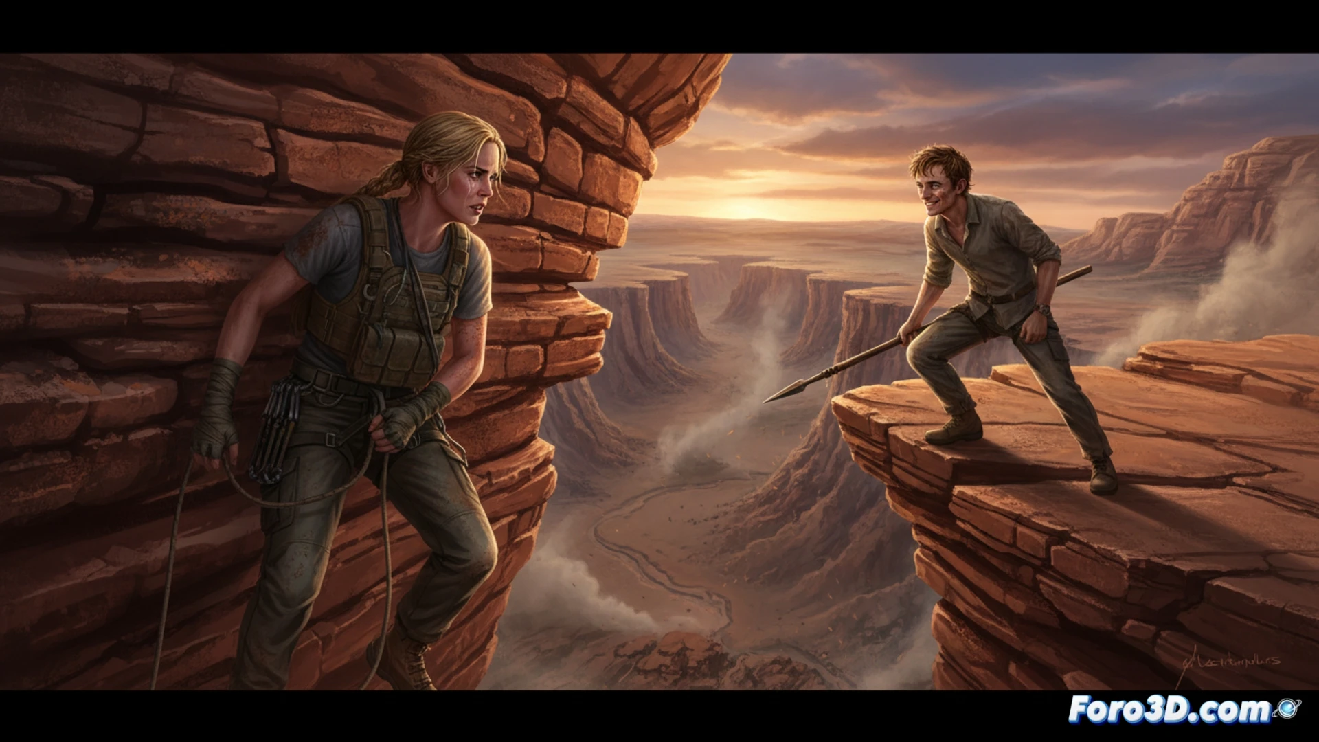 Descripción detallada para la imagen:  
En el árido outback australiano, Charlize Theron como Sasha, con equipo de escalada y mirada desafiante, escala una empinada pared rocosa bajo un sol abrasador. Al fondo, Taron Egerton como Ben la observa desde abajo, con expresión siniestra. El paisaje rojizo y polvoriento transmite peligro inminente.  

TEXTO (80-120 caracteres):  
Charlize Theron escala una roca en el outback, acechada por un psicópata en 'Depredador dominante'.