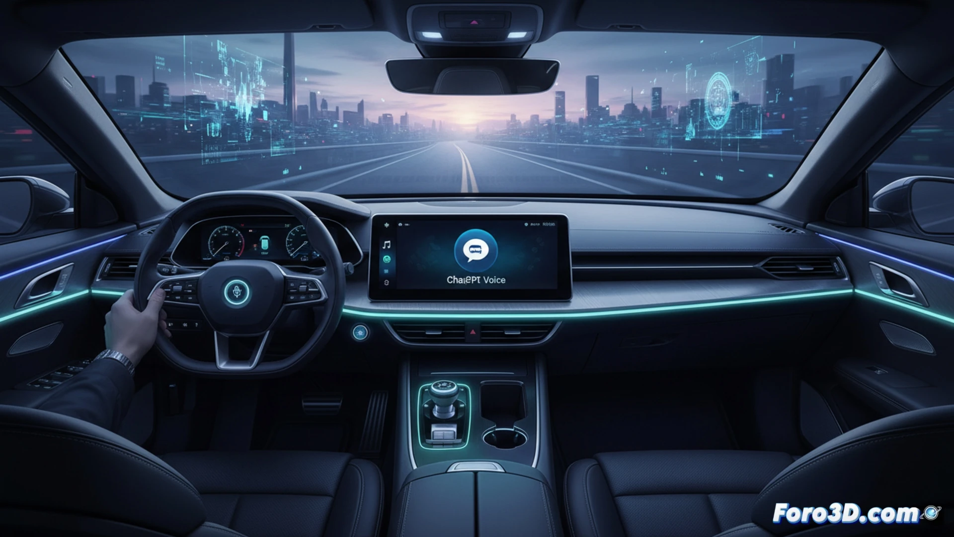 Un conductor usa CarPlay mientras habla con el asistente de voz de ChatGPT, mostrado en la pantalla del coche. Sus manos permanecen en el volante, priorizando la seguridad.