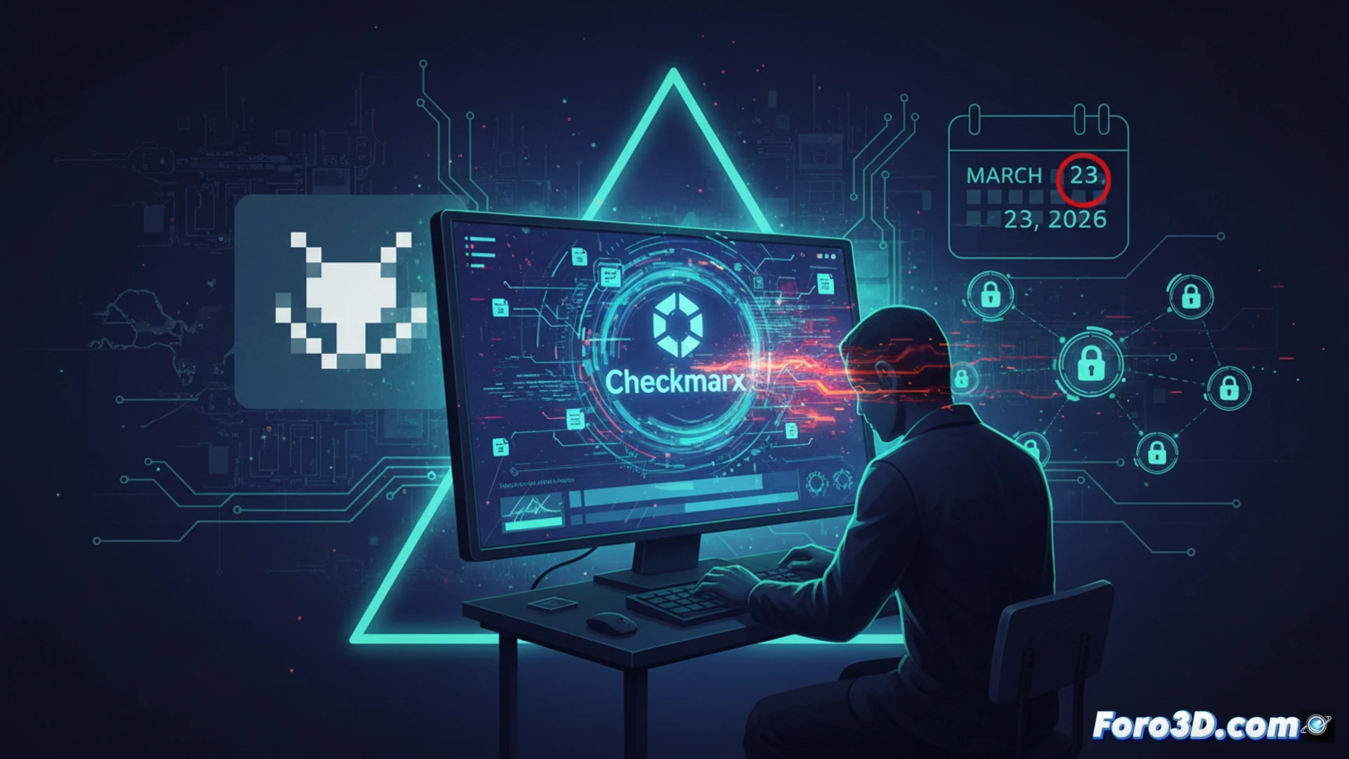 Descripción: Pantalla oscura con logo de Checkmarx roto sobre fondo de código fuente filtrado en GitHub, con advertencias de ciberseguridad y enlaces a la dark web.