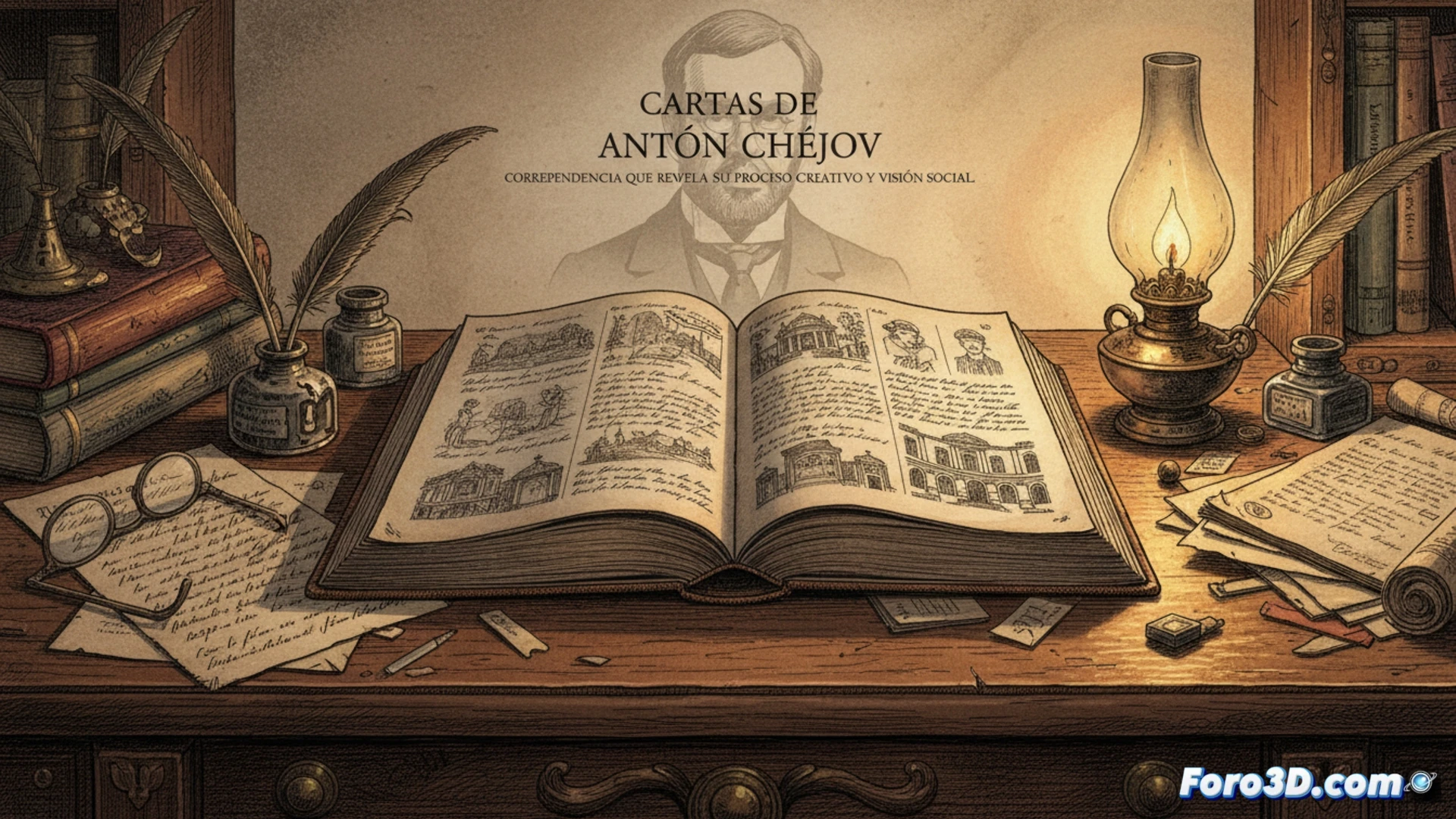 Modelo 3D alámbrico de un cerebro, con fragmentos de cartas manuscritas de Chéjov entrelazados en su estructura.