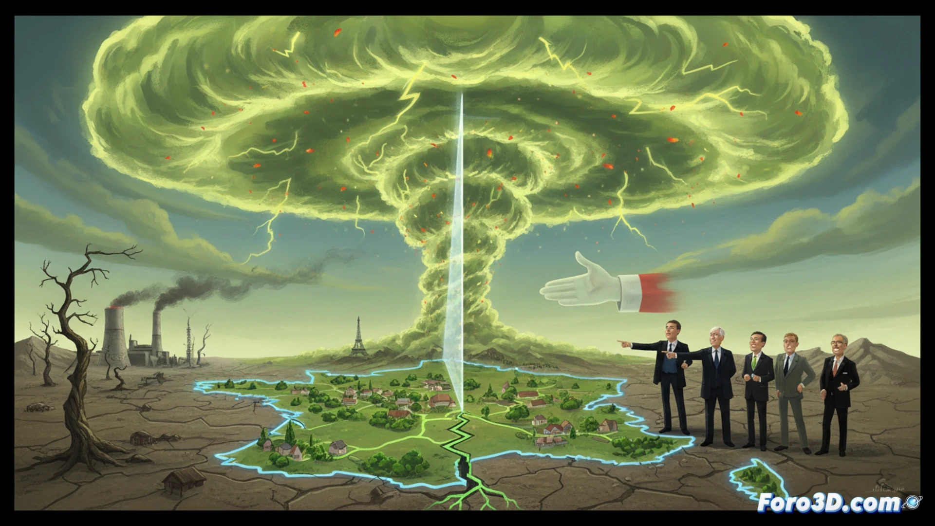 Una mano sosteniendo un mapa de Francia con manchas rojas de cesio-137, sobre una nube gris que cruza la frontera.