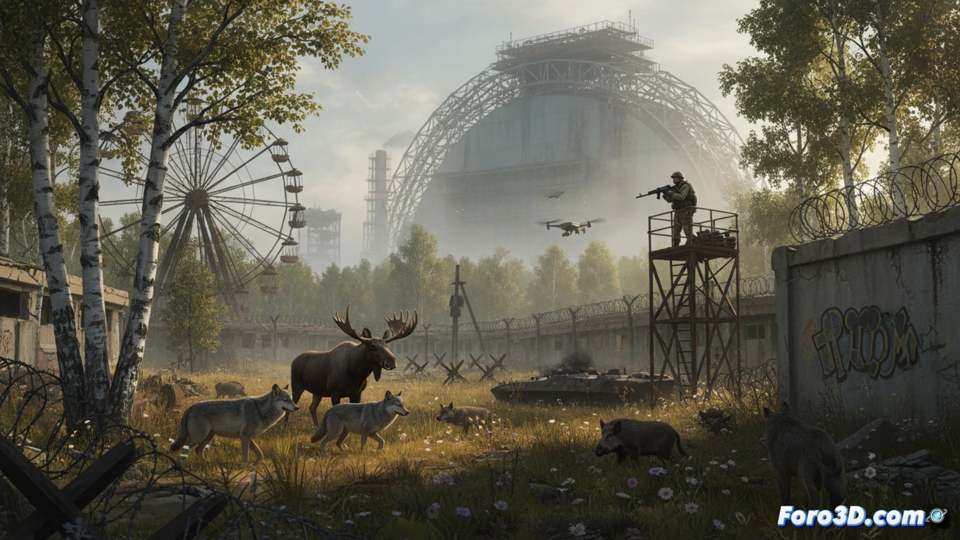 Una zona de exclusión ahora con trincheras y fauna entre los restos radiactivos y el equipamiento militar abandonado.