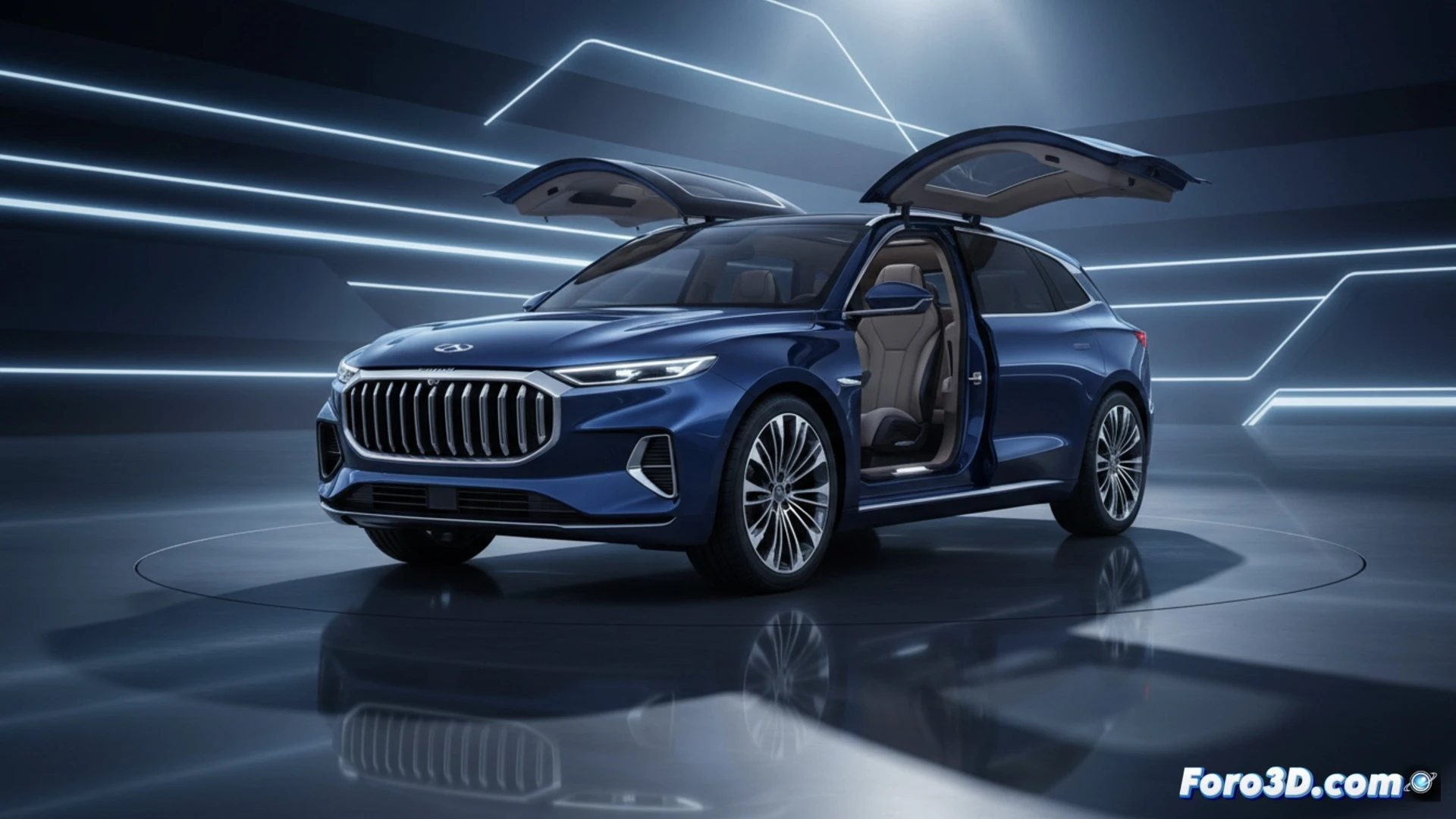 Un SUV híbrido elegante y largo, con líneas modernas y un frontal luminoso, sobre un fondo minimalista que evoca lujo y tecnología.