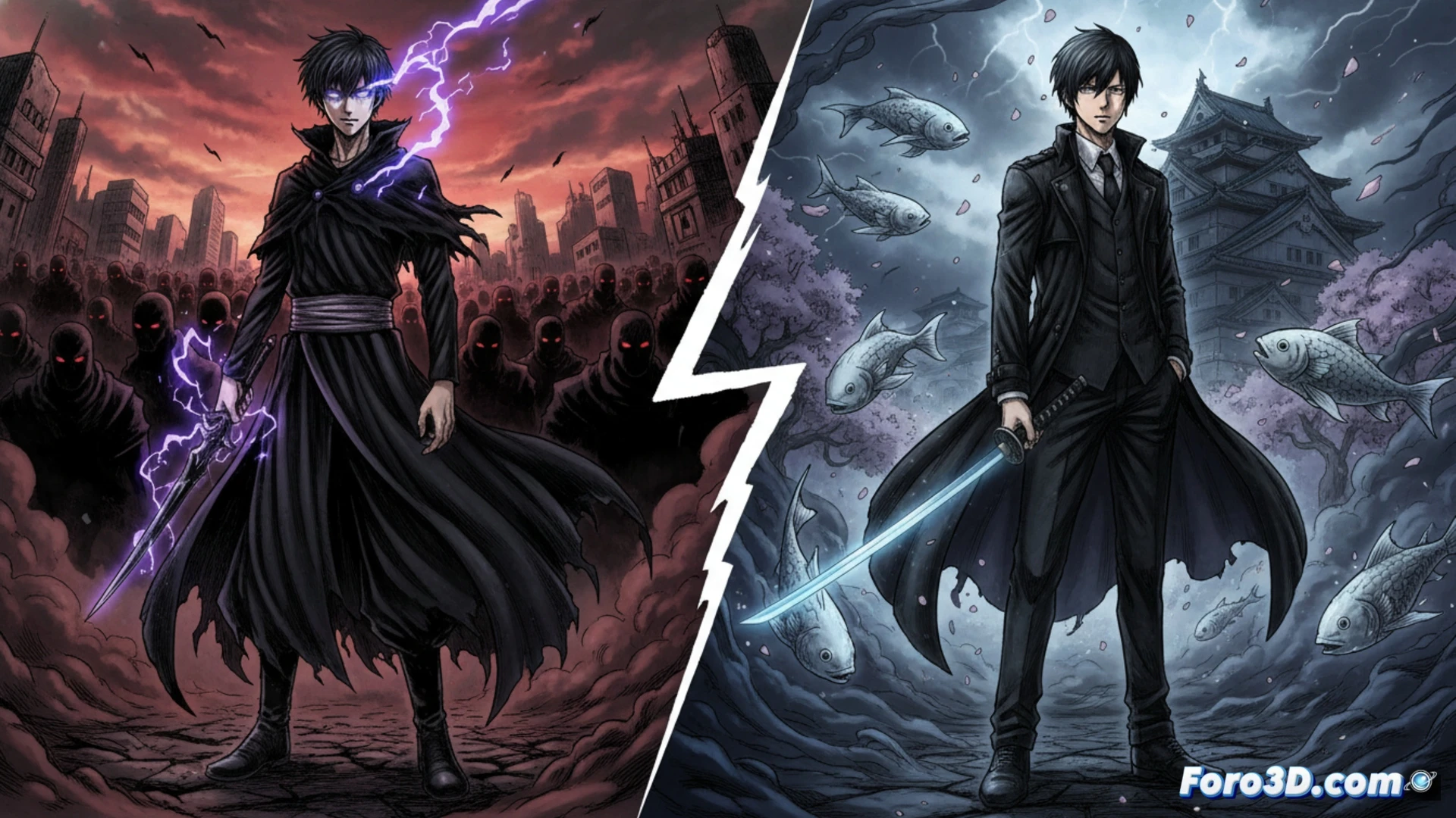 Un guerrero sombrío con espada enfrenta a un cazador de sombras, sus auras de peligro chocan en un duelo de protagonistas intimidantes.