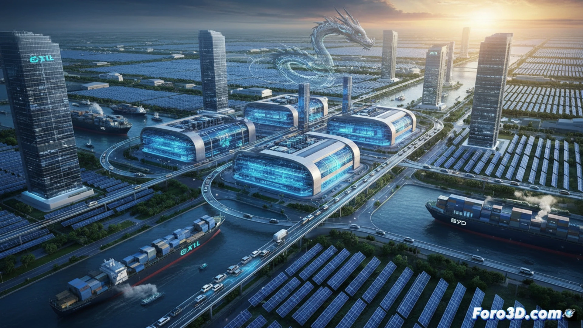 Una fábrica china de paneles solares y baterías, con gráficos de exportación global superpuestos.