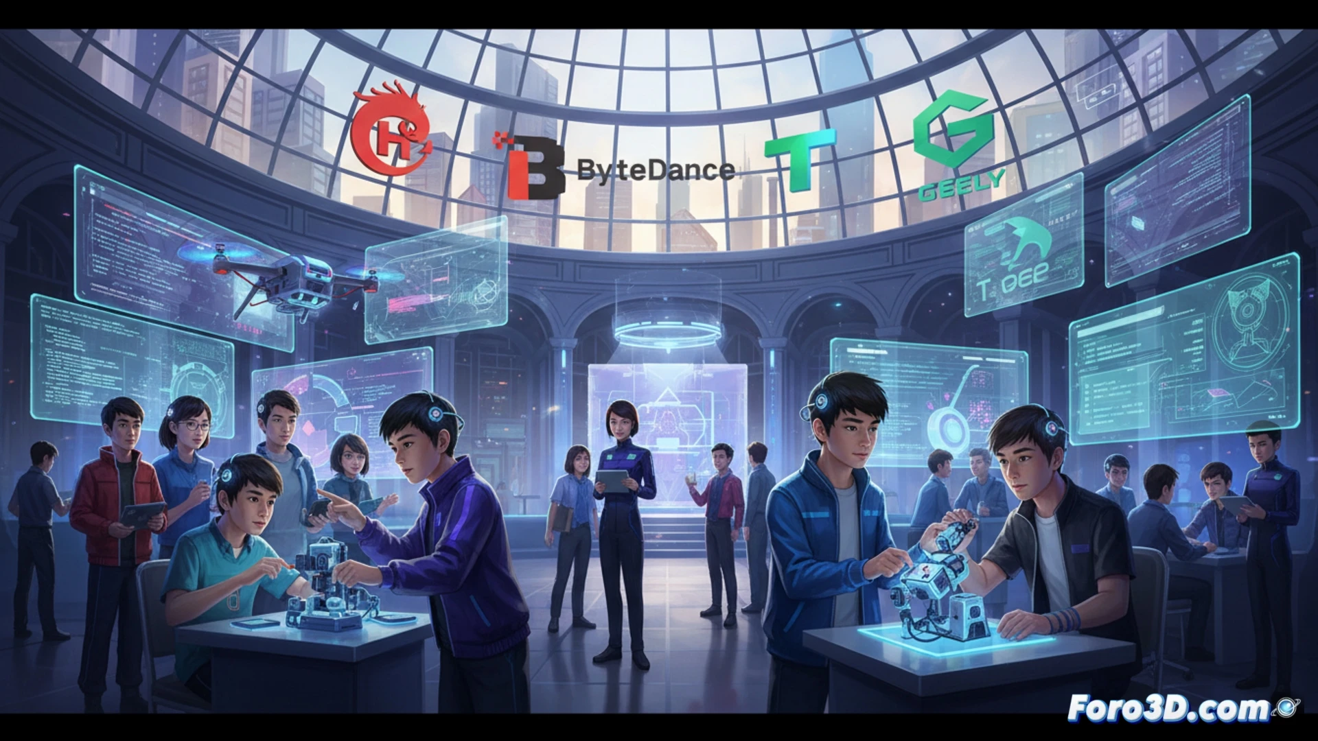 Un aula de instituto donde ejecutivos de grandes tecnológicas presentan oportunidades a jóvenes estudiantes, rodeados de pantallas con código.