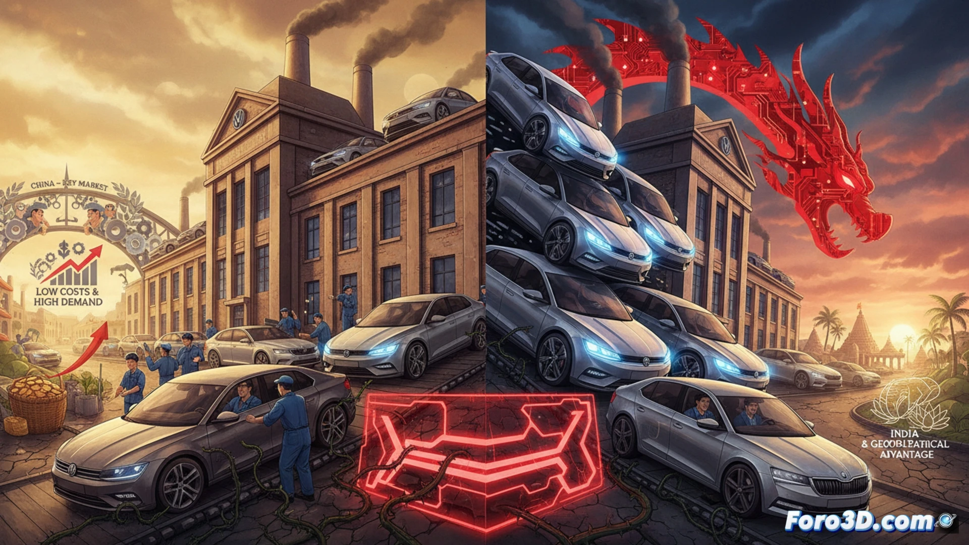Imagen de una calle urbana donde coches europeos clásicos son adelantados por modernos vehículos eléctricos chinos, simbolizando el cambio competitivo.