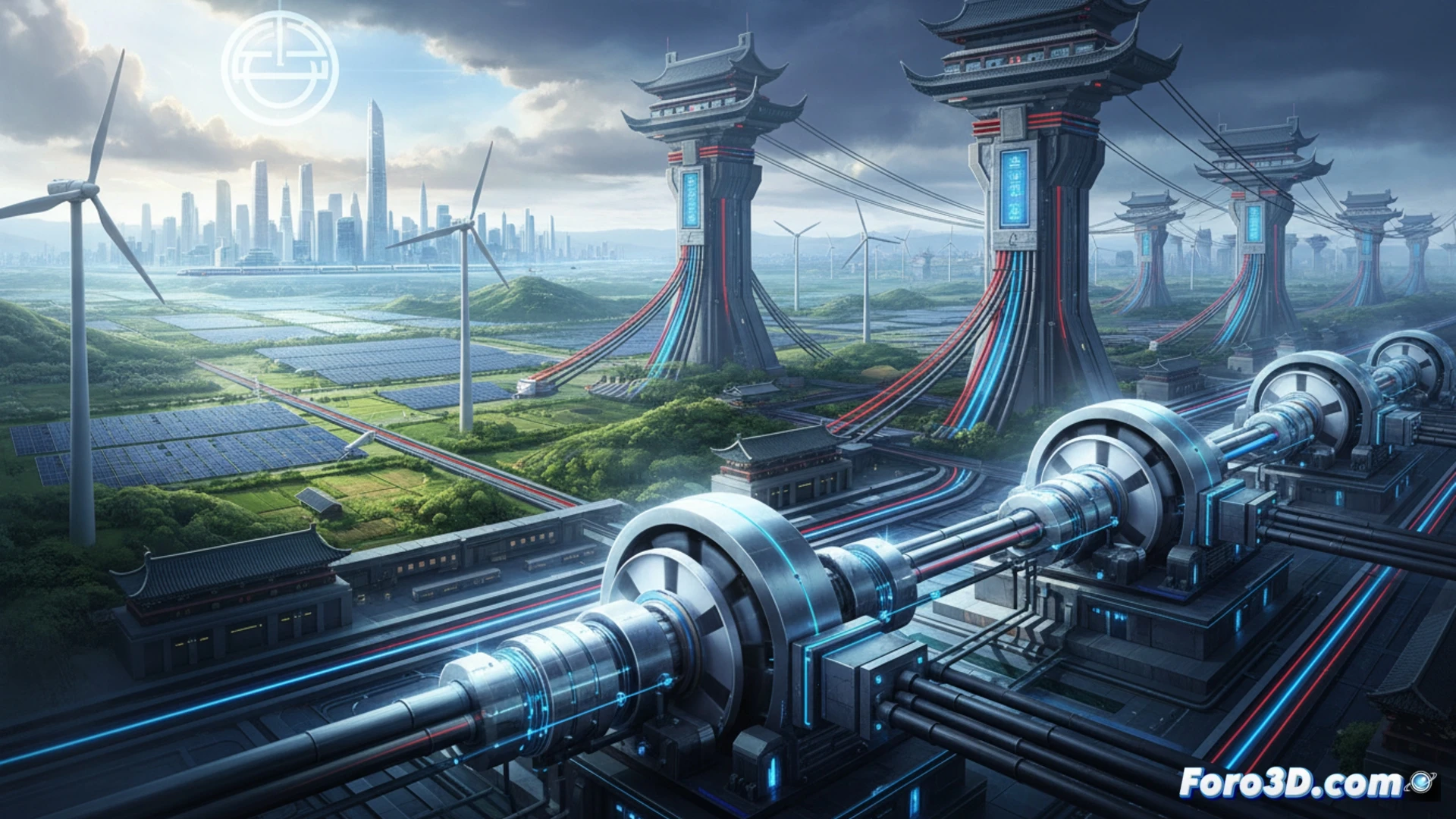 Una enorme sala con máquinas rotativas antiguas junto a modernos paneles de control digital.