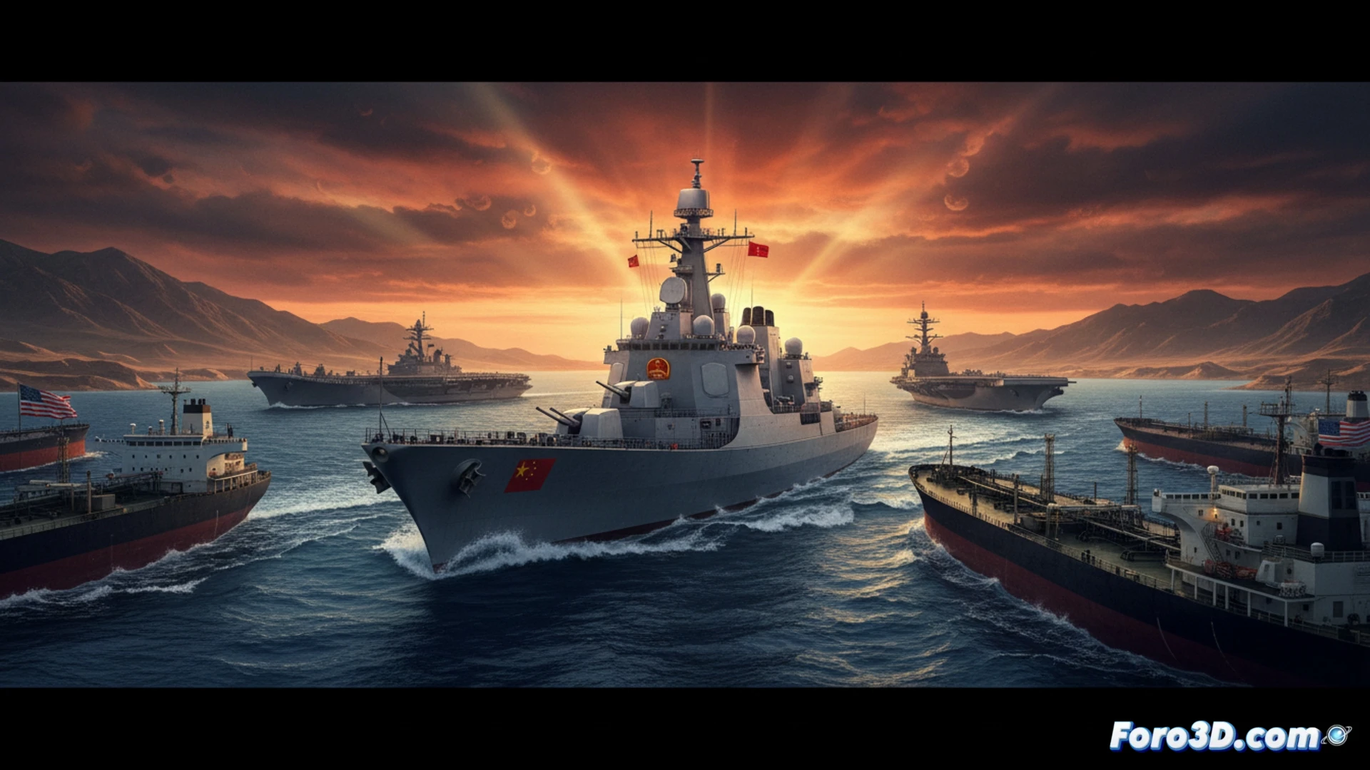 Buque portacontenedores chino navega por el estrecho de Ormuz, con buques de guerra de EE.UU. y China visibles a lo lejos.