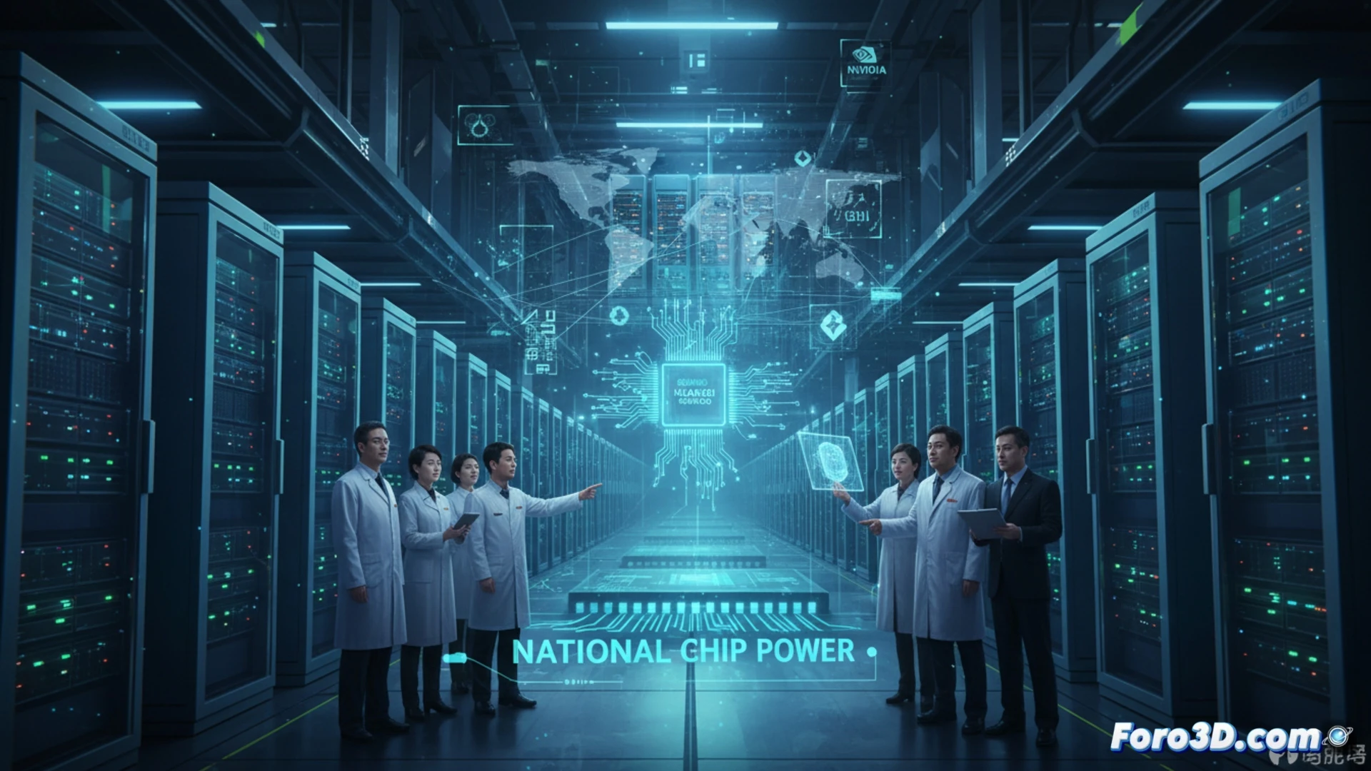 Un enorme centro de datos iluminado, con servidores Huawei. Un holograma de un chip Ascend muestra 