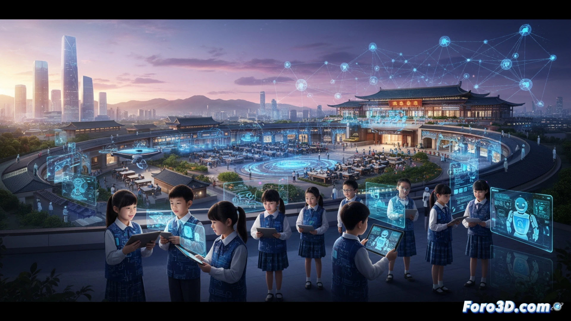 Un aula moderna con niños interactuando con tutores de IA en tabletas, mientras un profesor supervisa la clase.