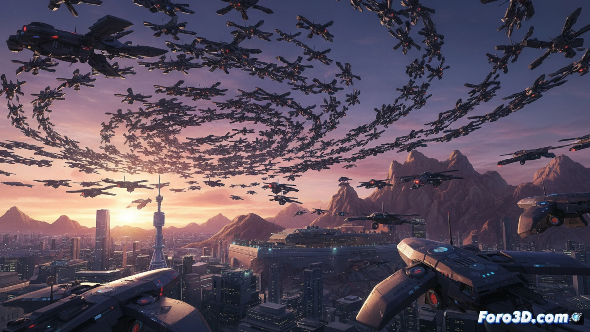 황혼의 산악 지형 위를 비행하며 대형을 유지하는 자율 군용 드론 군집.