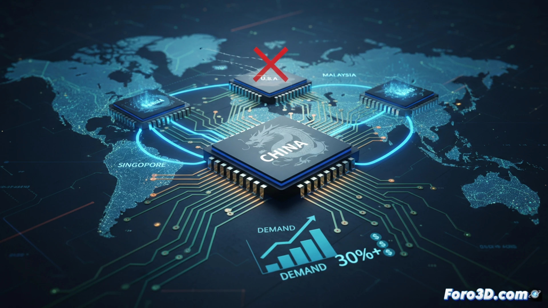 Un mapa con chips viajando de EE.UU. a Malasia y Singapur, luego a China, sorteando barreras de sanciones.