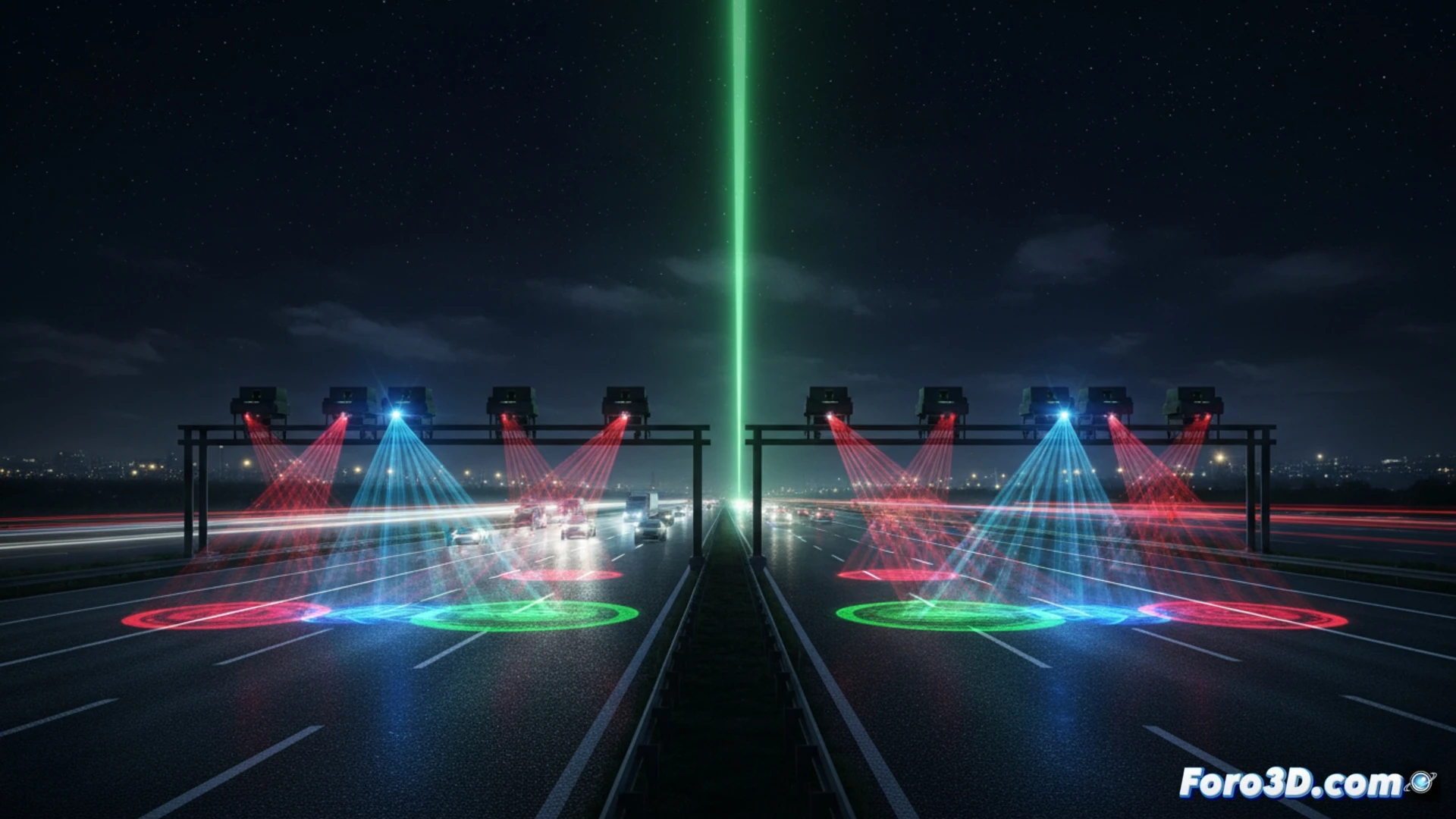 Proyectores láser en un pórtico iluminan la autopista nocturna con haces de luz dinámicos, estimulando visualmente a conductores fatigados.