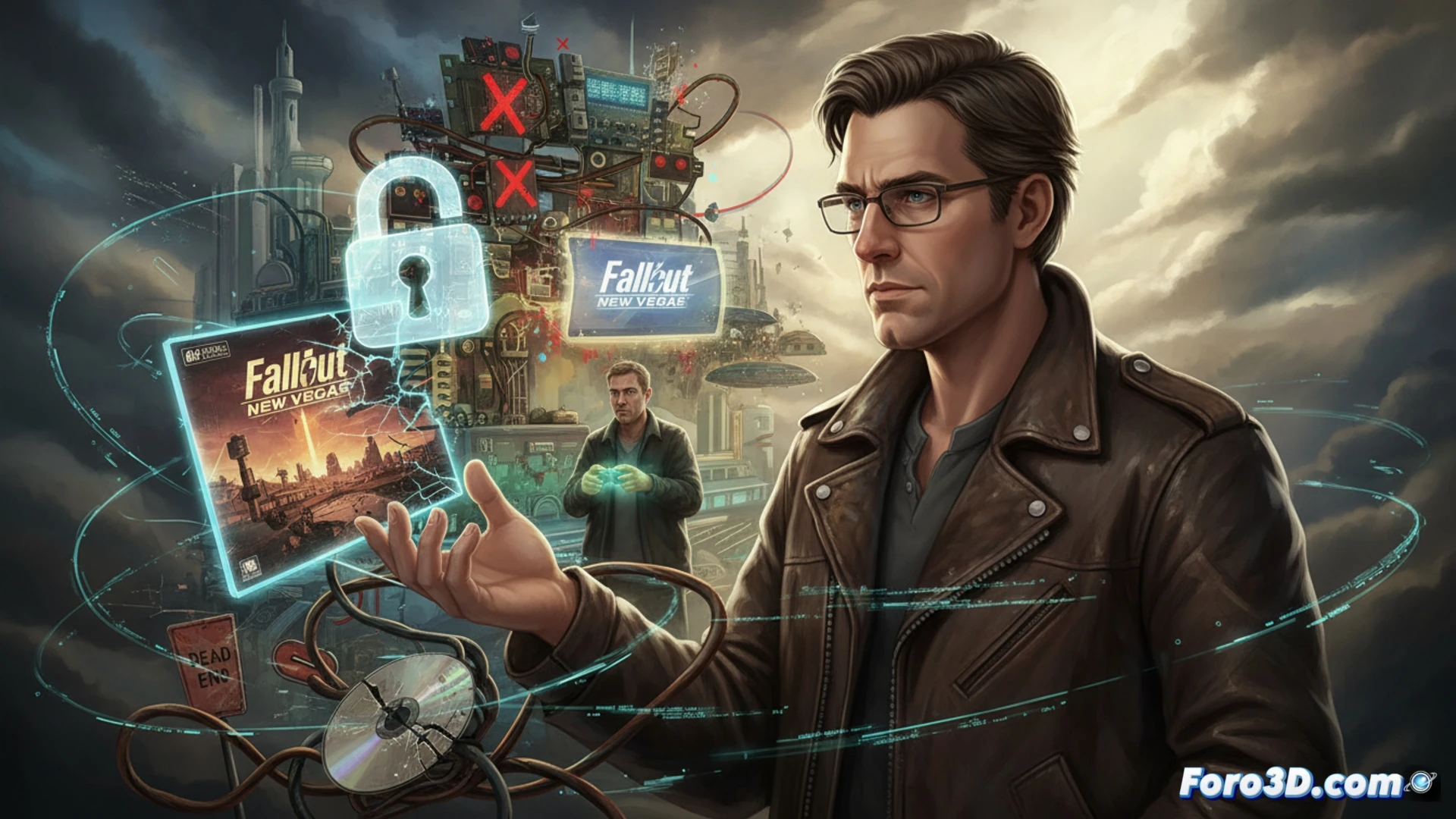 Un desarrollador examina código enredado de New Vegas en una pantalla, con un letrero de 'Problemas Técnicos' sobre pila de discos antiguos.