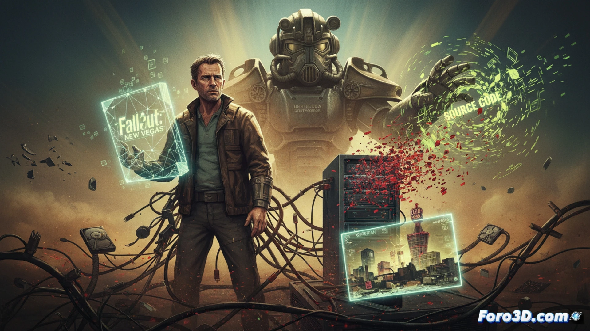 Chris Avellone observa un terminal mostrando código corrupto, con el logo de Fallout New Vegas desvaneciéndose en el fondo.