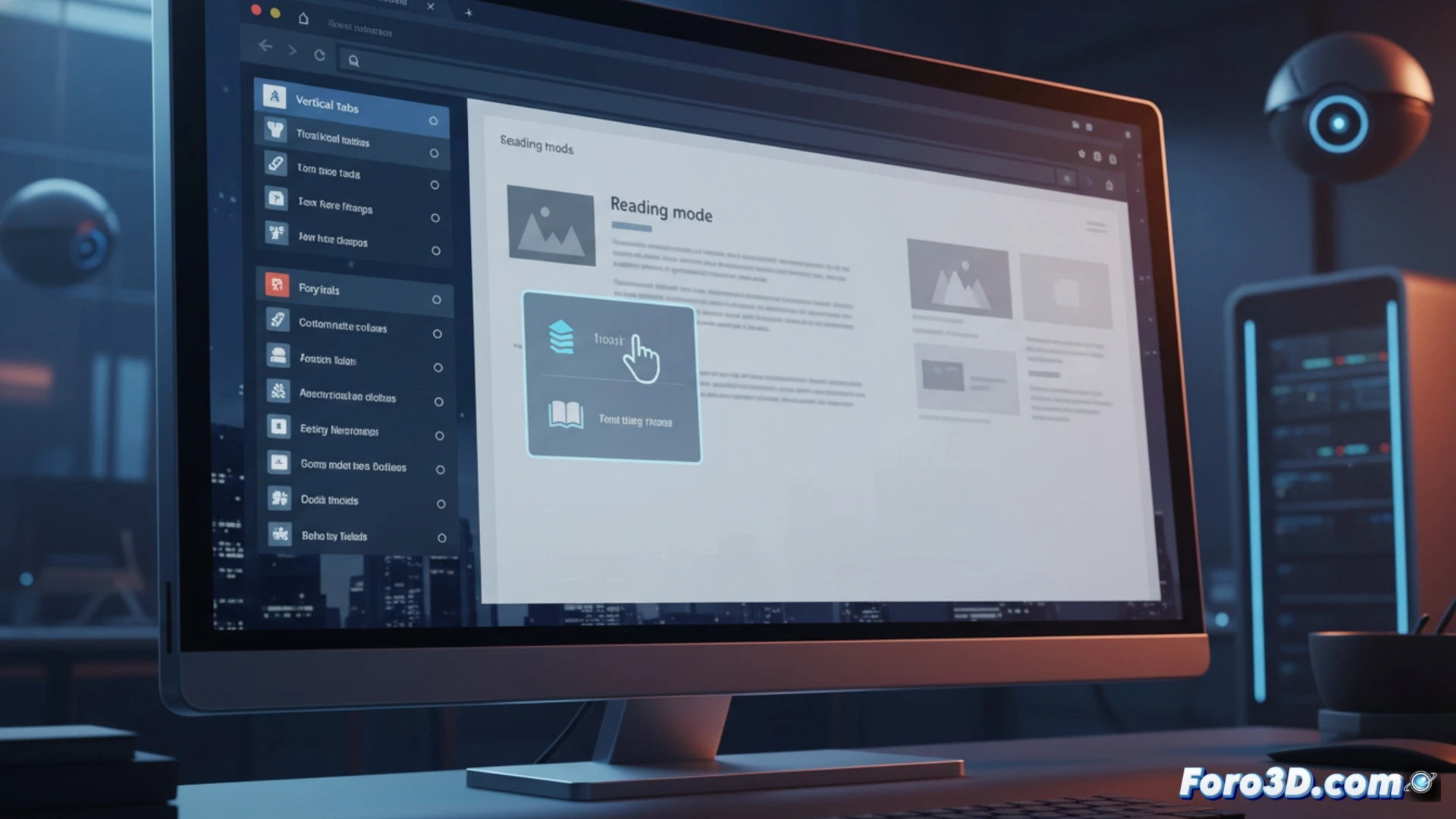 Un navegador Chrome con pestañas verticales a la izquierda y un artículo en limpio modo lectura a la derecha.