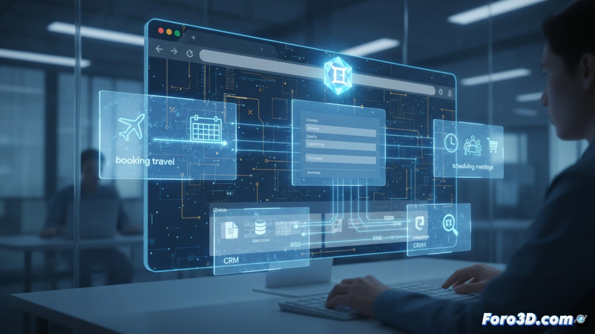 Ilustración conceptual de Chrome con IA Gemini: un navegador autónomo que gestiona pestañas, reserva viajes y programa reuniones para usuarios corporativos, con un fondo de oficina moderna y datos seguros.