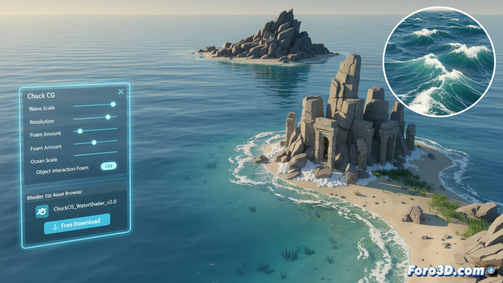 Una interfaz de Blender muestra un shader de agua realista con controles deslizantes para animación, tamaño y espuma, sobre un océano azul con espuma acumulada alrededor de un barco.