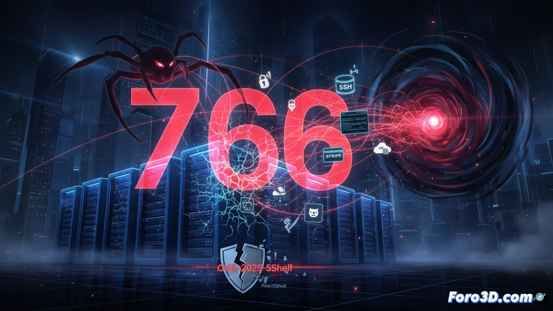 Imagen de un servidor Next.js con un código malicioso insertado, rodeado de iconos flotantes de llaves, nubes AWS y tokens comprometidos, bajo una lupa de ciberseguridad.