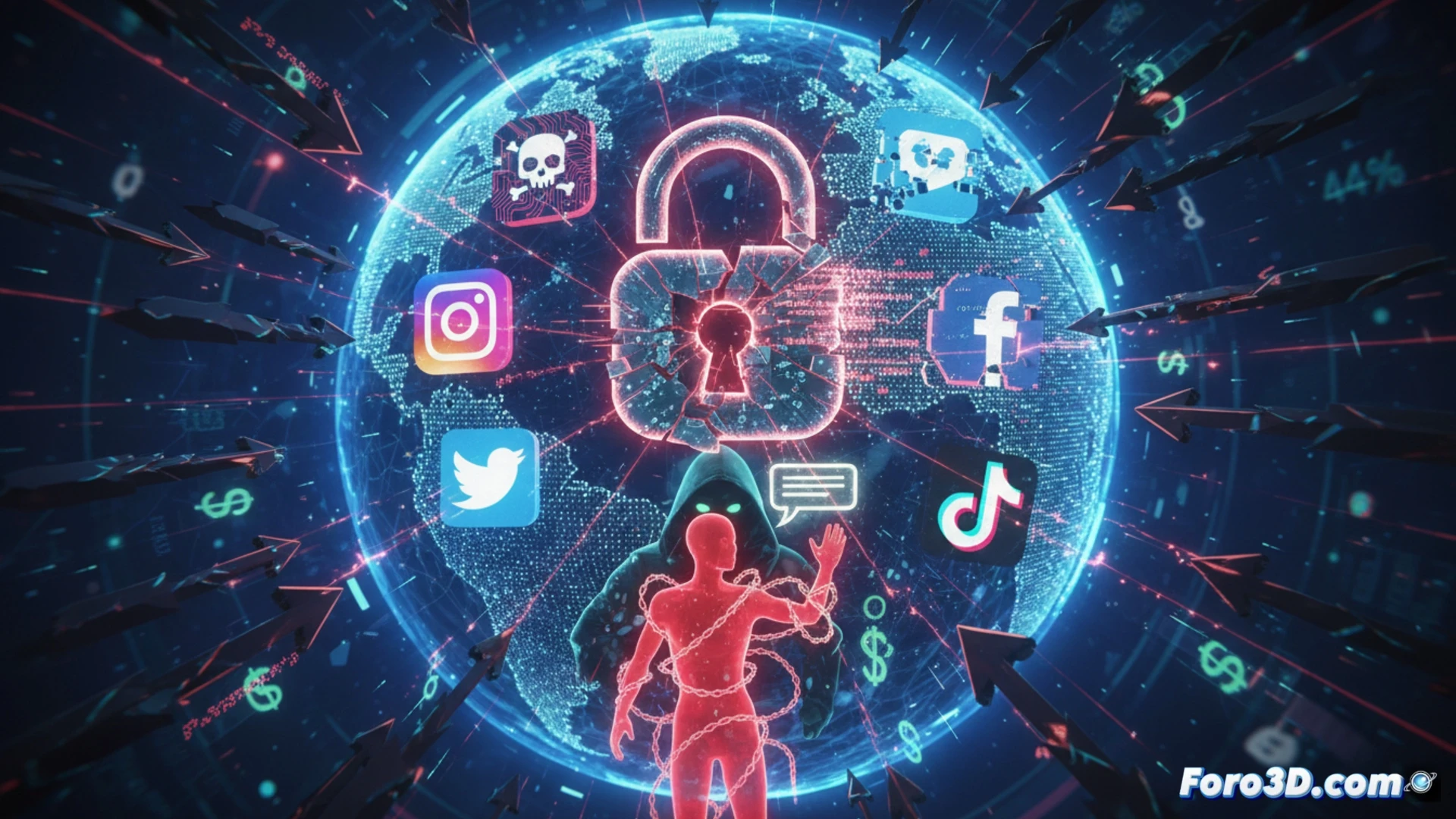 Un escudo digital protege un teléfono con Instagram abierto, mientras íconos de phishing y malware flotan en un fondo de datos cifrados.