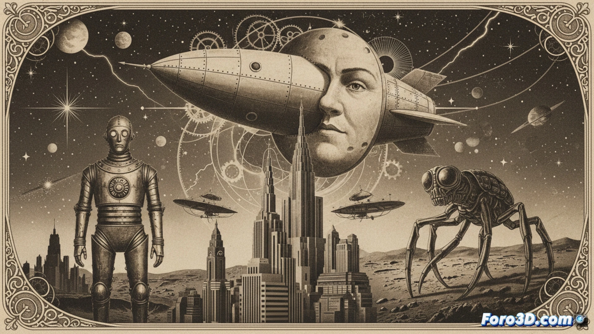 Un collage retrofuturista: autos voladores sobre una ciudad de neón, con planos de Metrópolis y un monolito de 2001 al fondo.