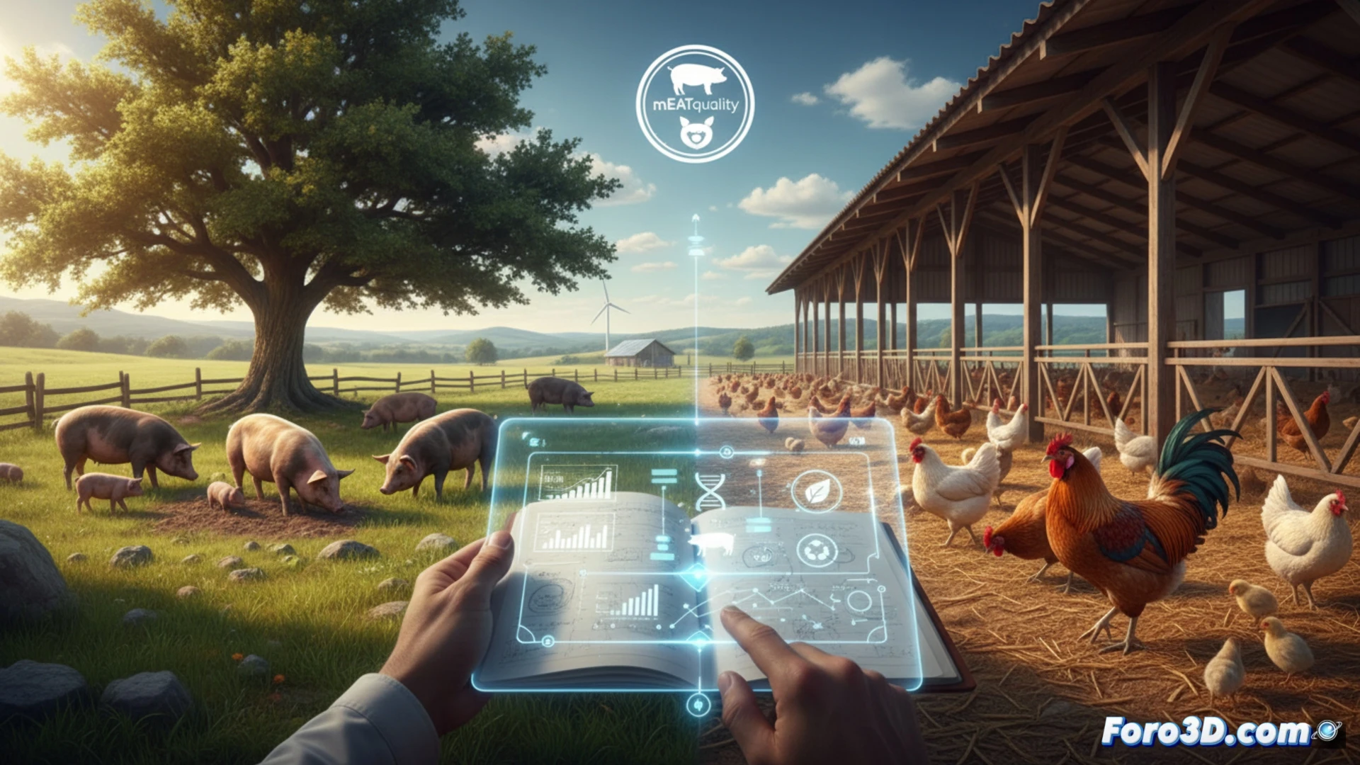 Descripción (80-120 caracteres):  
Granja con cerdos y pollos al aire libre, app en tablet, científico observando, sol y campo verde.