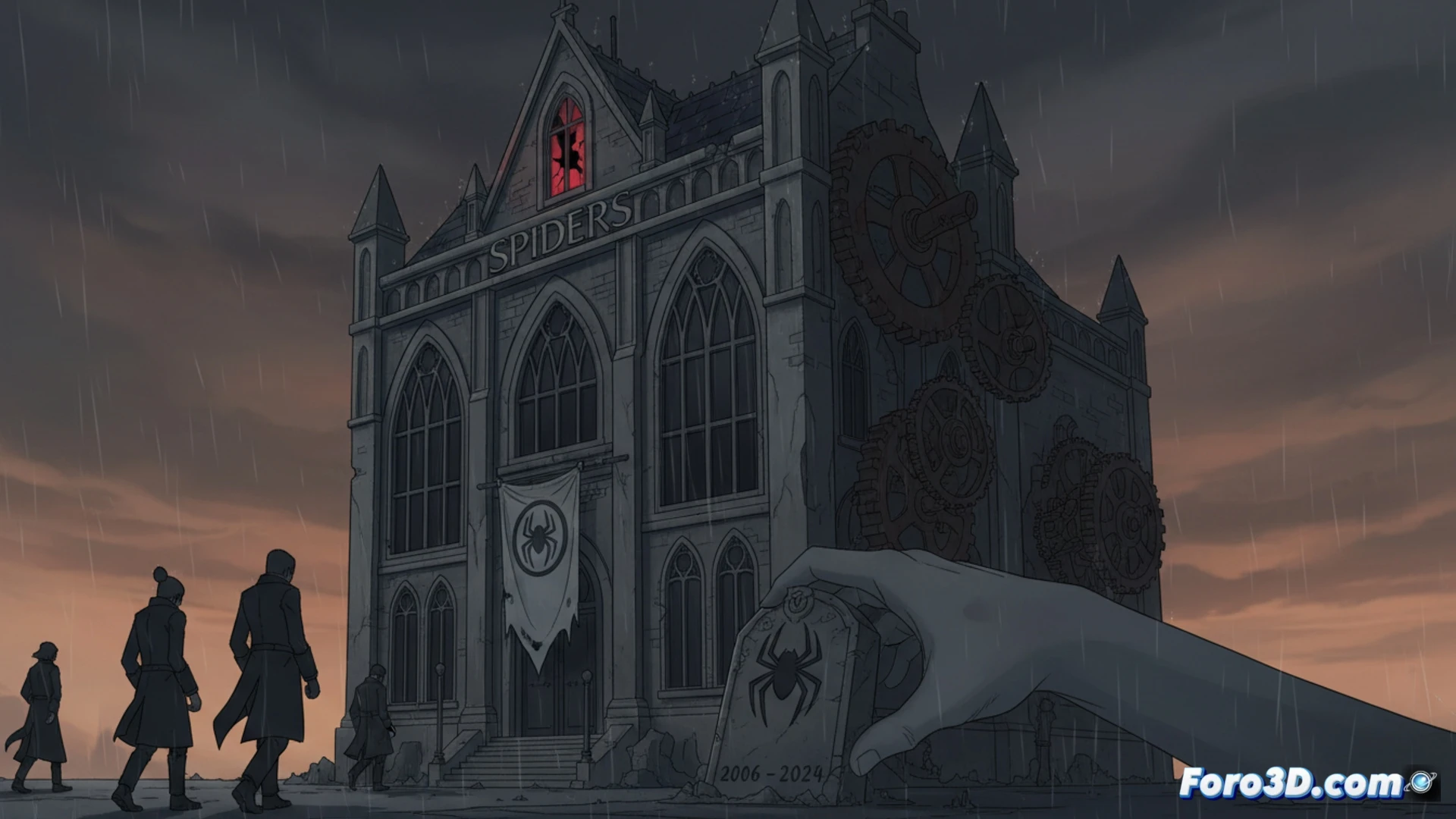 Un estudio de videojuegos en penumbra, con un cartel de Spiders colgado torcido. En la pantalla central, el logo de GreedFall se desvanece.