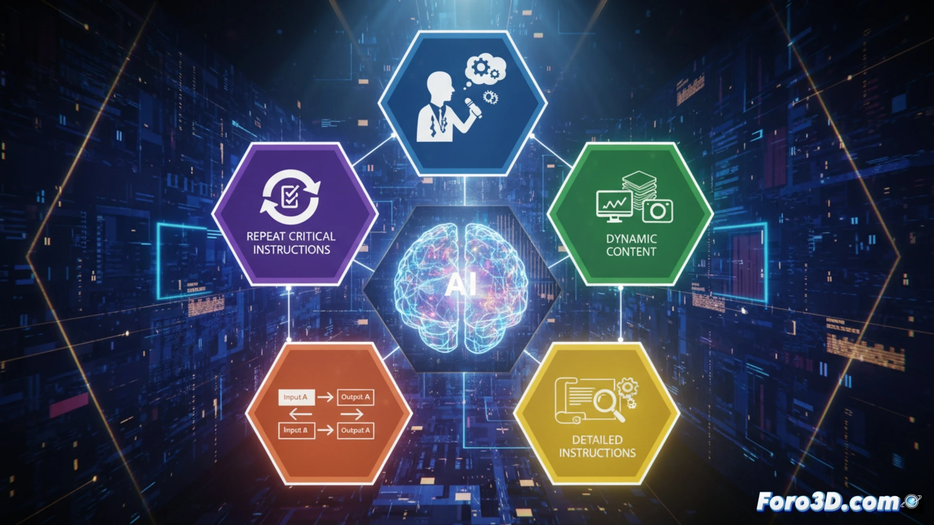 Infografía simple con 5 pasos: rol, contexto, instrucciones, ejemplos y precisión, para prompts efectivos en IA.