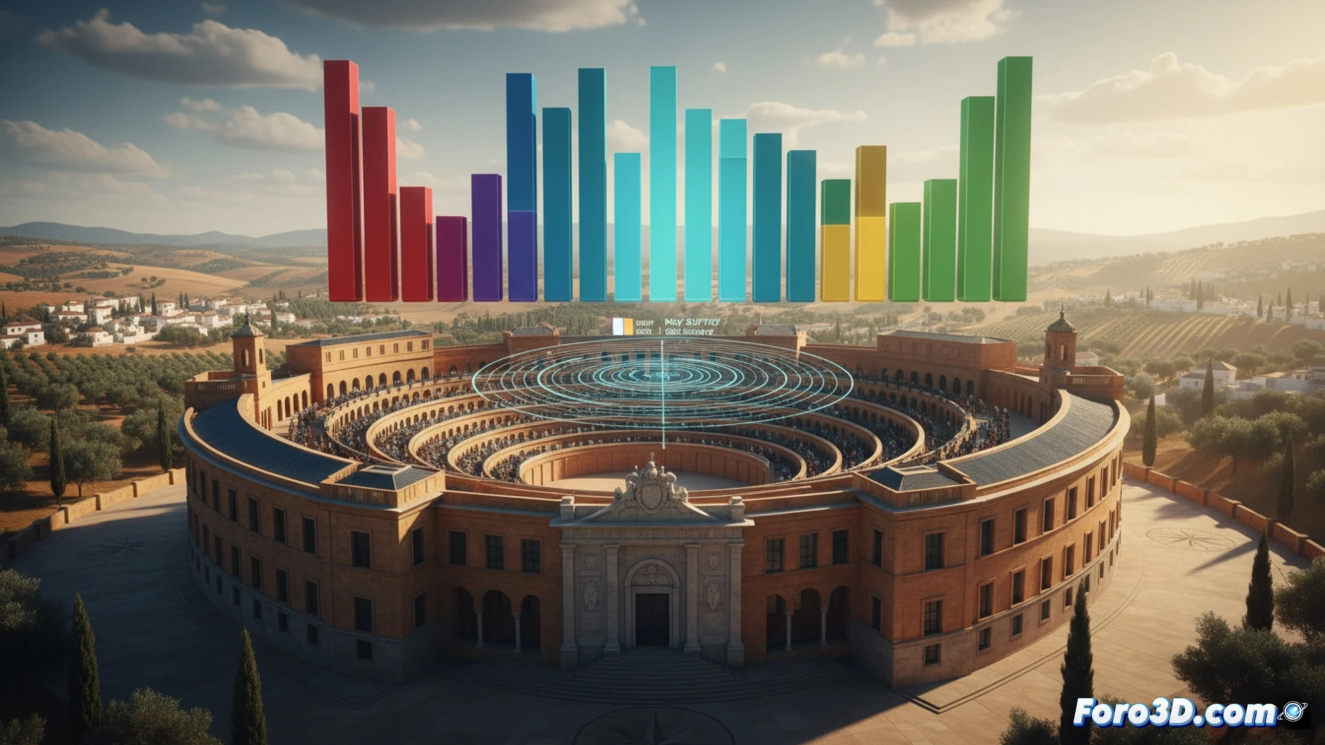 Una infografía política muestra un mapa de Andalucía con 109 escaños coloreados por partidos, junto a un gráfico de barras con estimaciones de voto.
