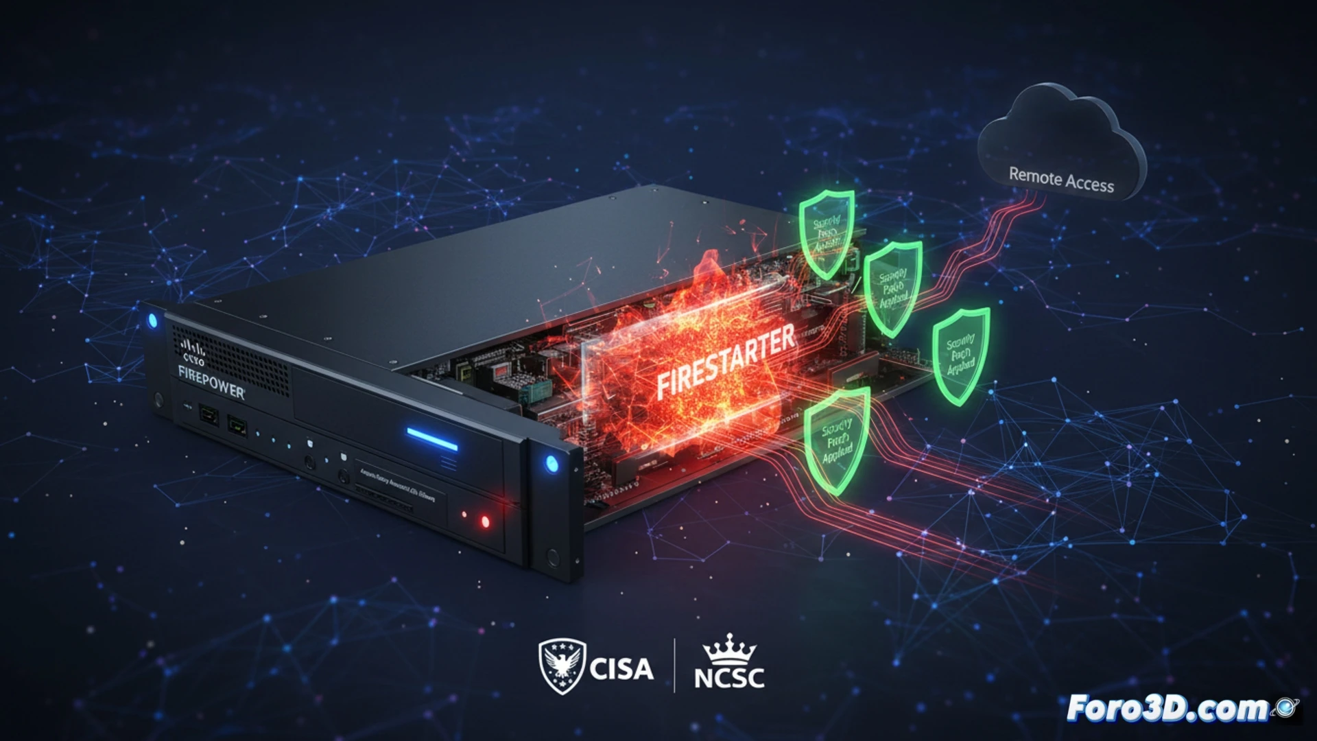 Descripción detallada para imagen (102 caracteres): Mapa mundial con EE. UU. y Reino Unido iluminados, sobre un firewall Cisco Firepower con código malicioso FIRESTARTER en rojo.