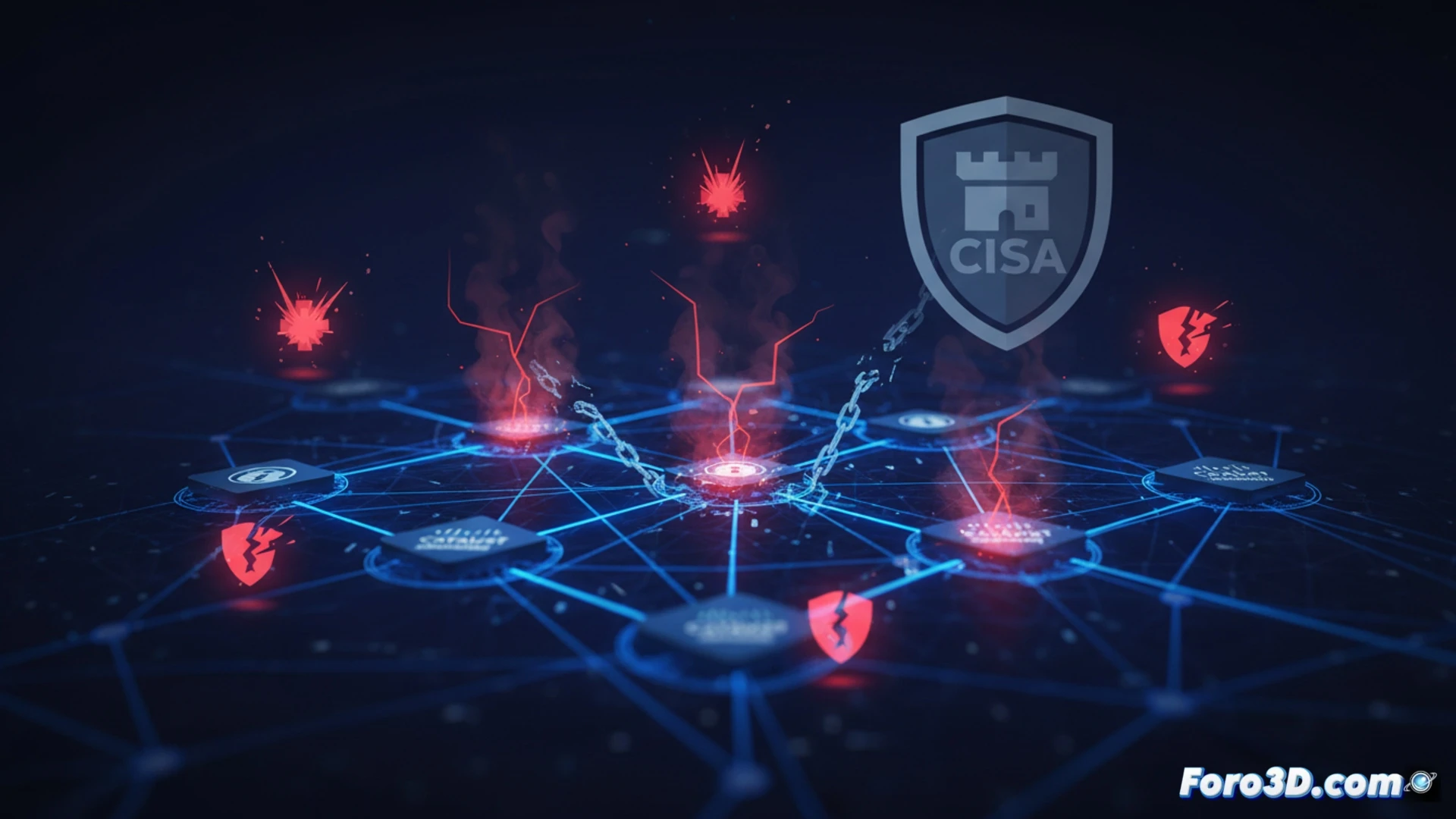 Una pantalla muestra el logotipo de CISA junto a alertas críticas de Cisco Catalyst SD-WAN Manager.