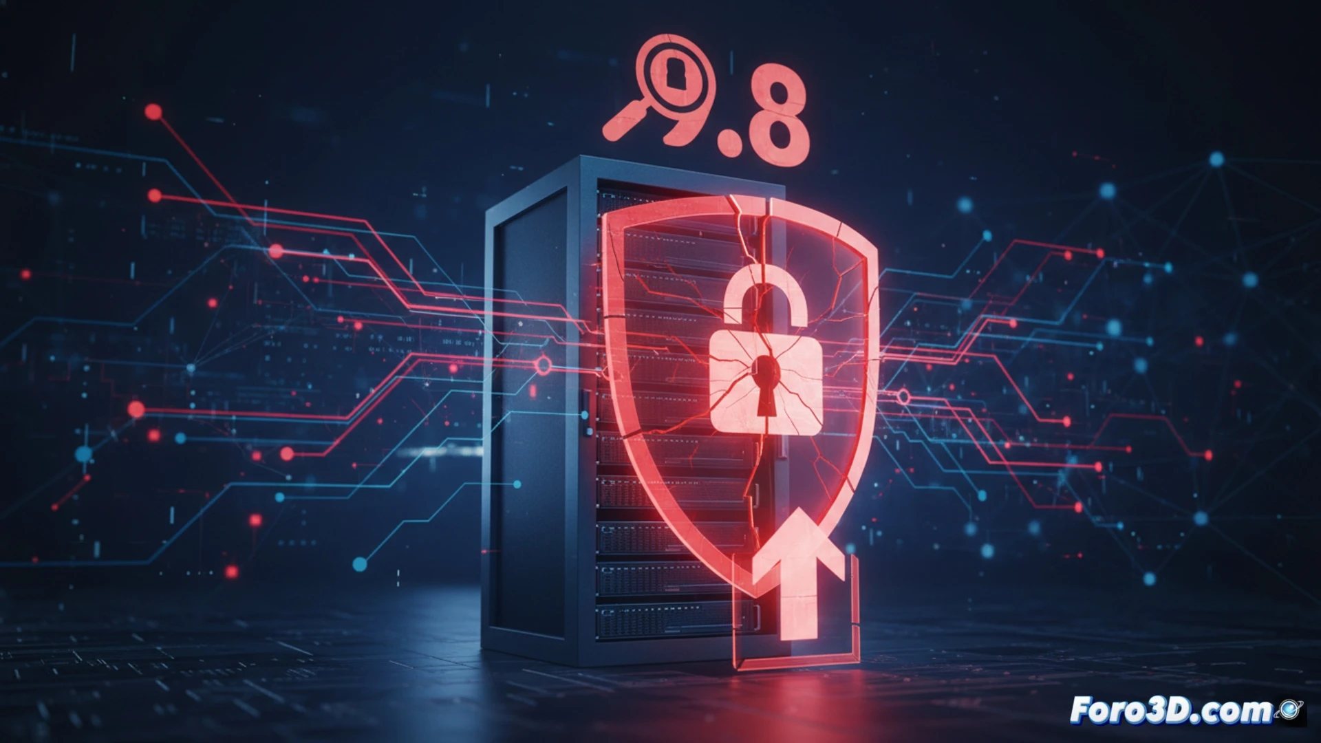 Un atacante remoto aprovecha una brecha crítica (CVSS 9.8) en servidores Cisco, representada como una grieta digital en un firewall.