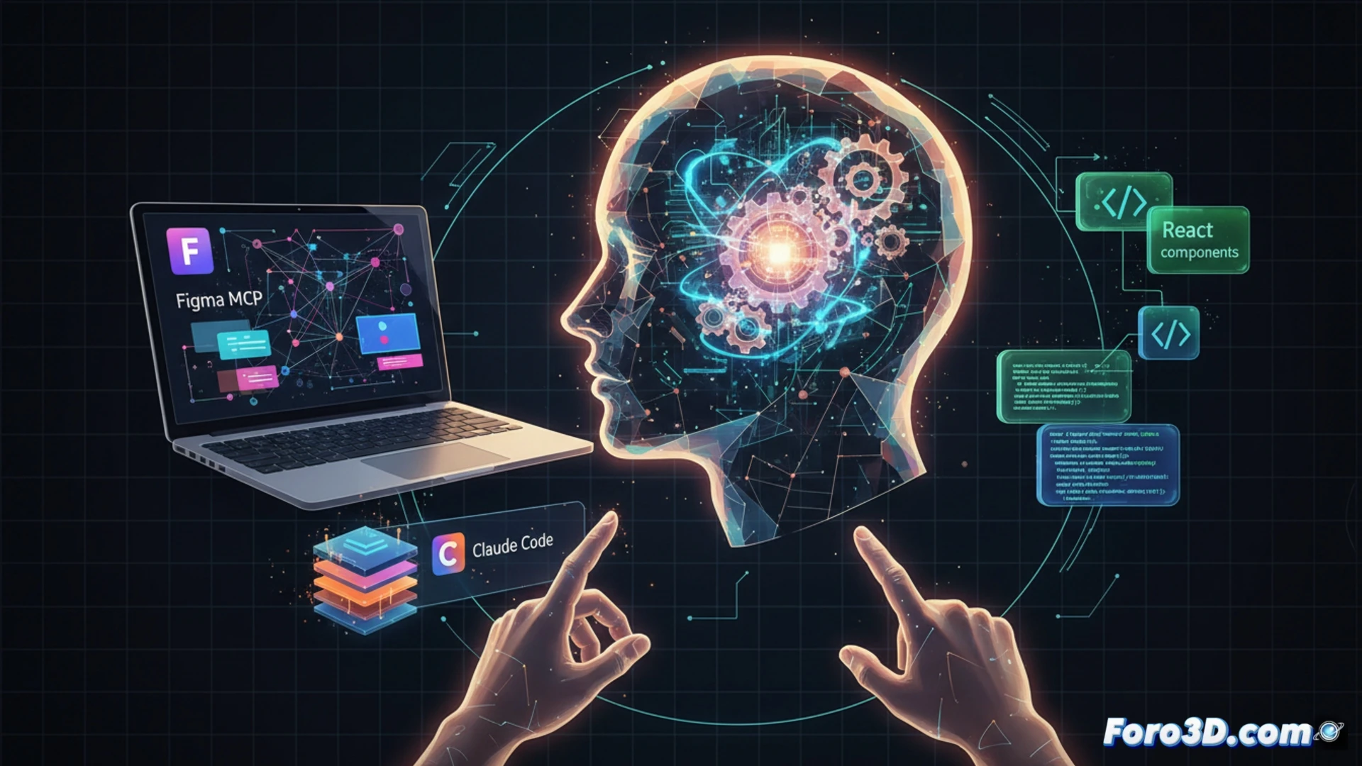 Una figura humana con dos brazos, uno de diseñador y otro de programador, guía a una IA que une los logos de Claude Code y Figma MCP.