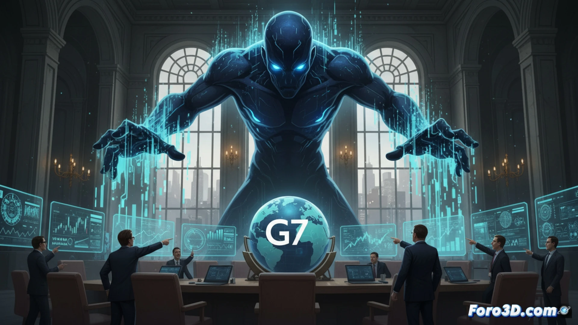 Una pantalla con el logo de Claude Mythos rodeada de gráficos financieros en rojo y símbolos de advertencia.