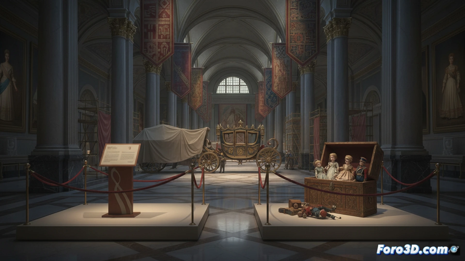 Una sala de museo con un carruaje nupcial y vitrinas de juguetes antiguos, ya vacía, preparándose para una nueva exposición.