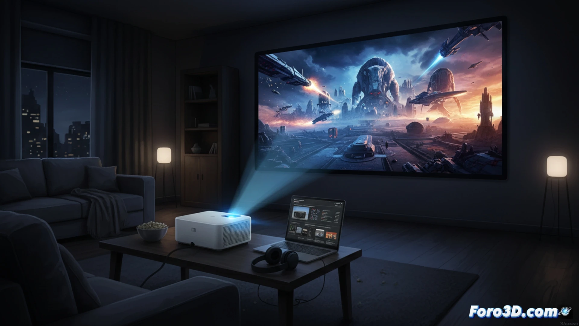 Un salón con proyector en uso, mostrando gráficos de especificaciones técnicas clave como lúmenes y resolución en la pared.