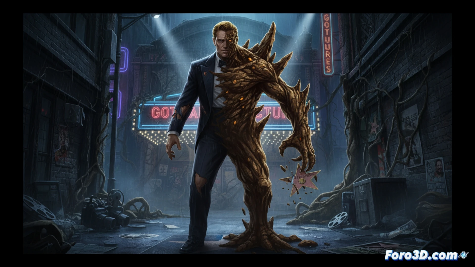 Una estrella de cine se retuerce en un laboratorio oscuro, su rostro se derrite en arcilla viscosa mientras su identidad se desvanece.