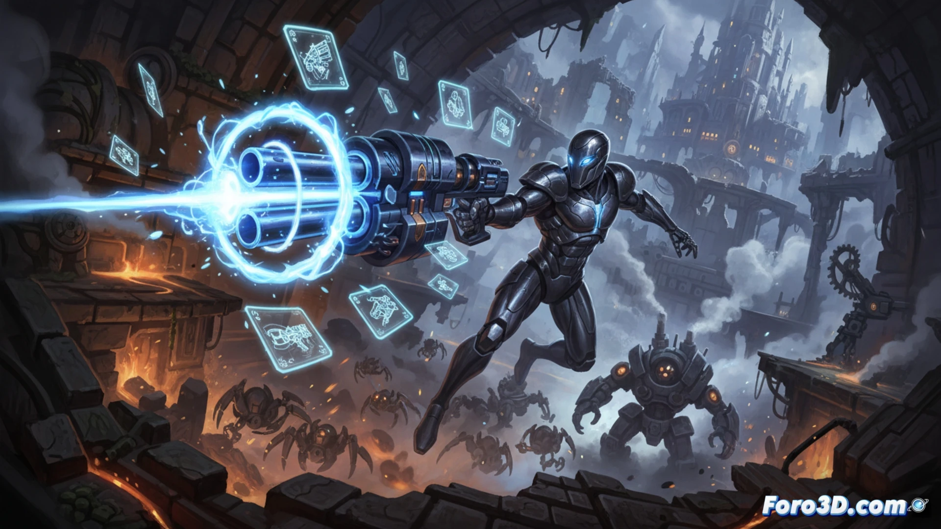 Un cazador mecánico dispara en una catedral de engranajes, su arma modular brilla con combinaciones de cristales y metal.