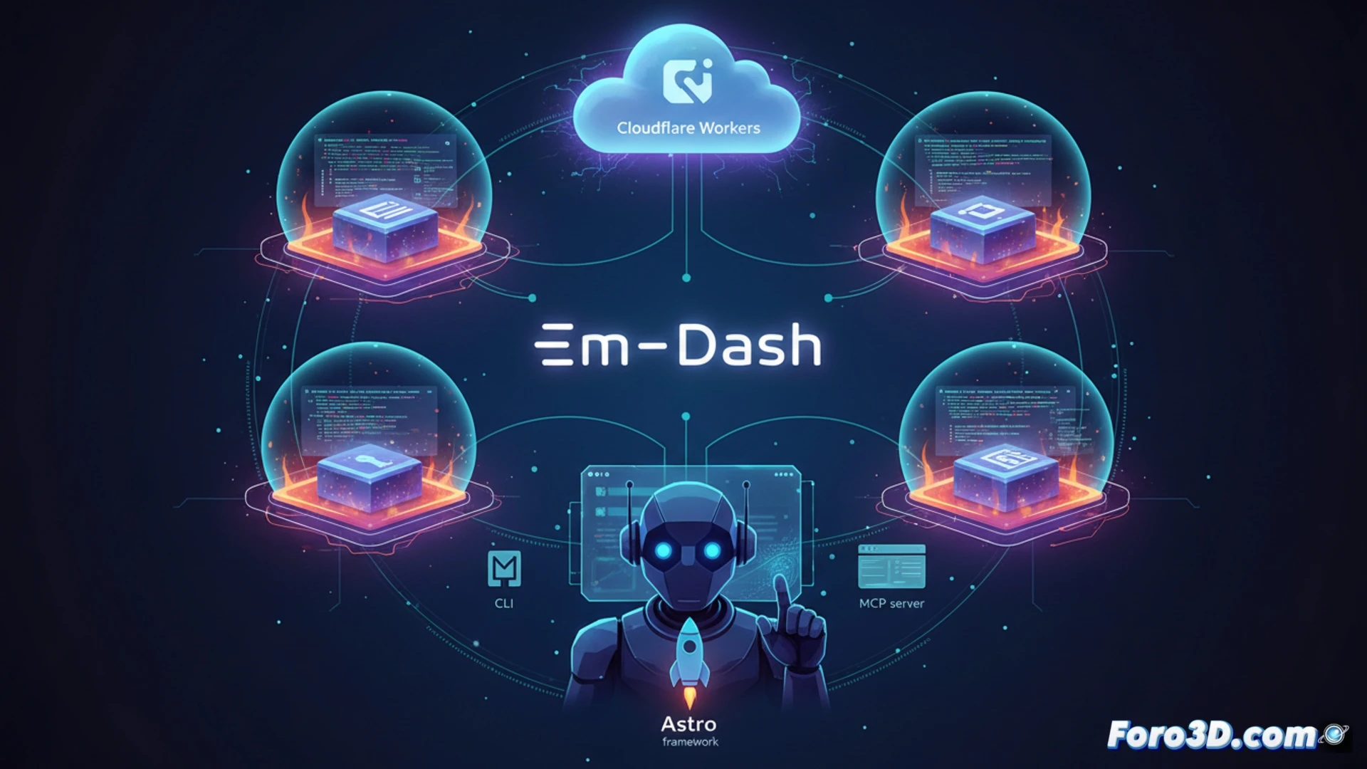 Imagen de un CMS modular con plugins encapsulados en cubos transparentes y seguros, sobre una plataforma serverless en la nube.