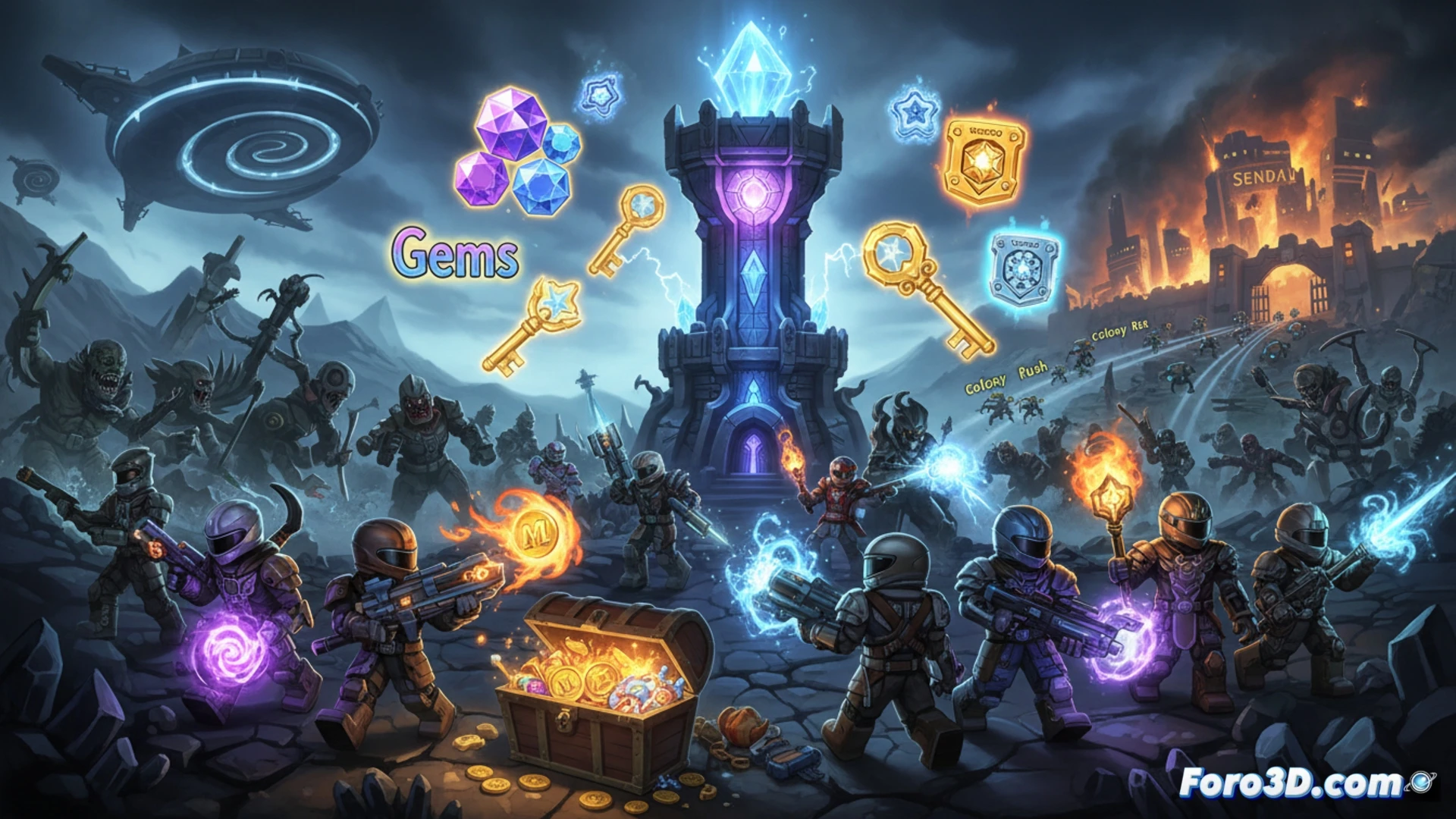 Un jugador canjea códigos en Re Rangers X, con gemas, llaves y monedas flotando en pantalla, torres defendiendo la base.