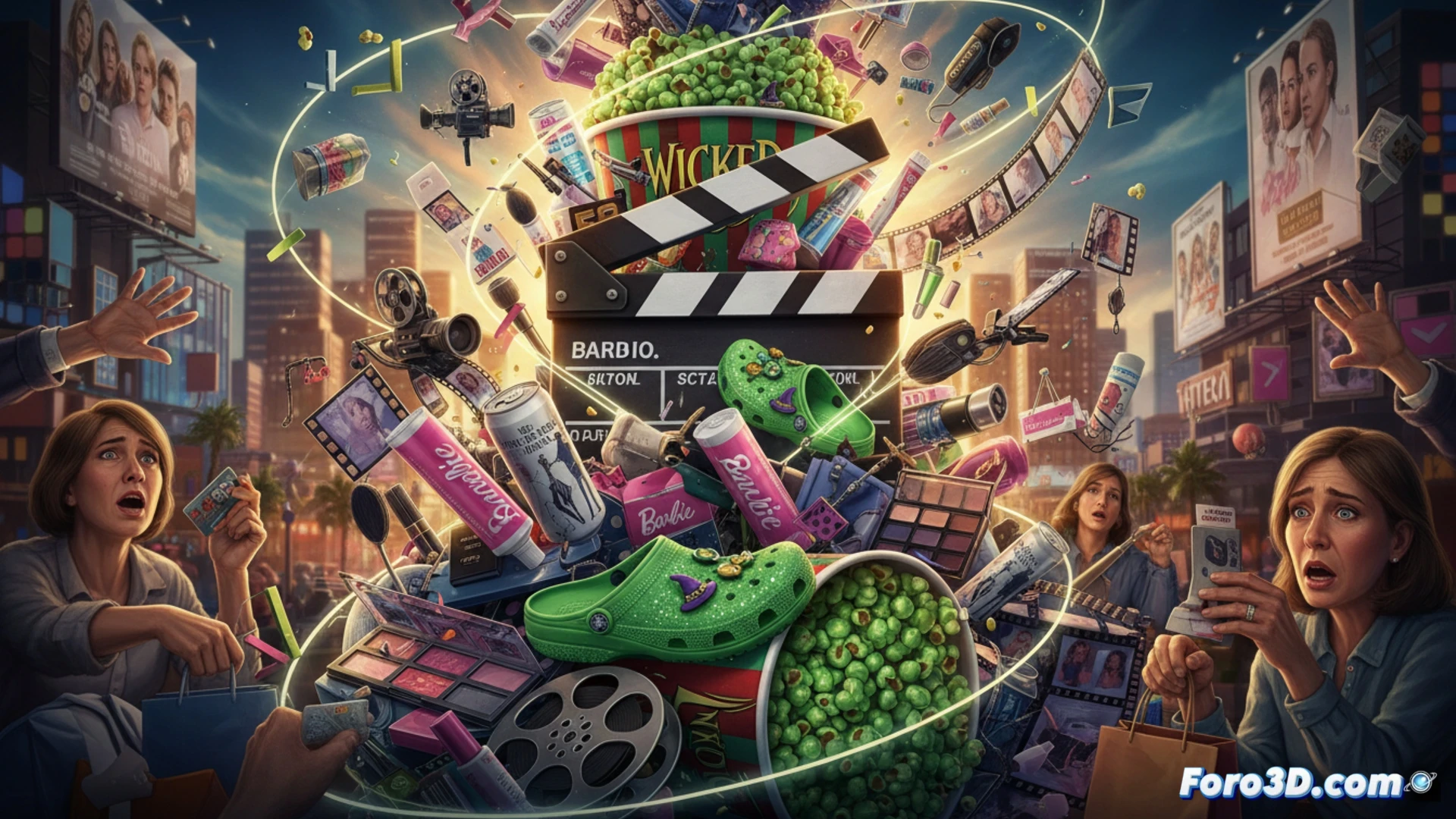 Un collage caótico de logos de marcas y rostros de actores, con un ojo humano cansado en el centro, rodeado de palomitas y billetes.