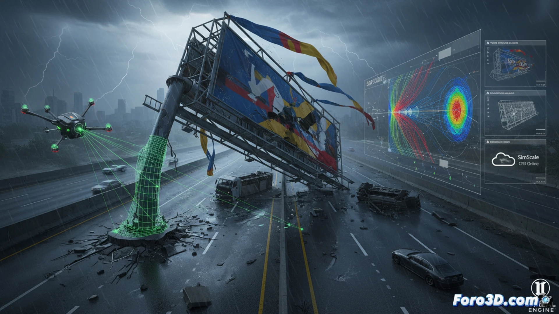 Valla publicitaria colapsada sobre carretera, estructura metálica deformada y panel caído