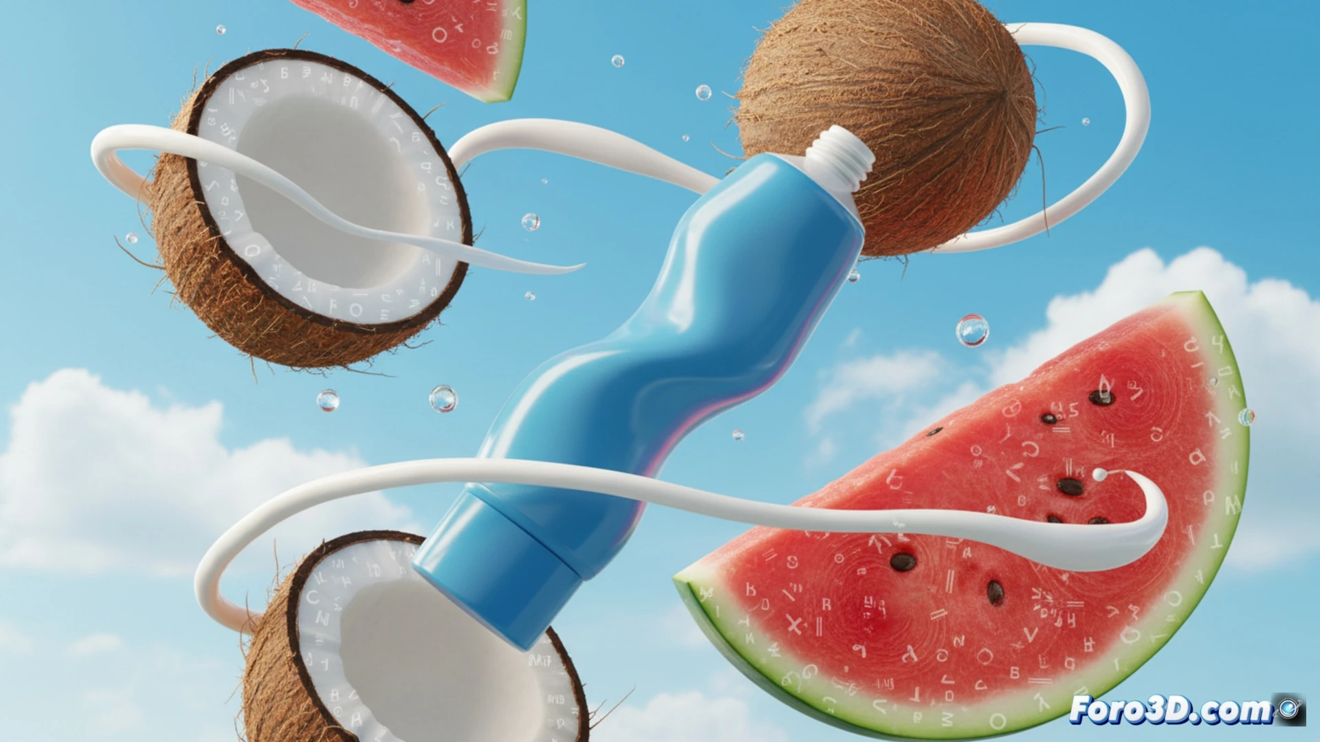 Imagen de un tubo de pasta dental Colgate con texto distorsionado, rodeado de frutas de coco y sandía flotando sobre un cielo azul brillante.