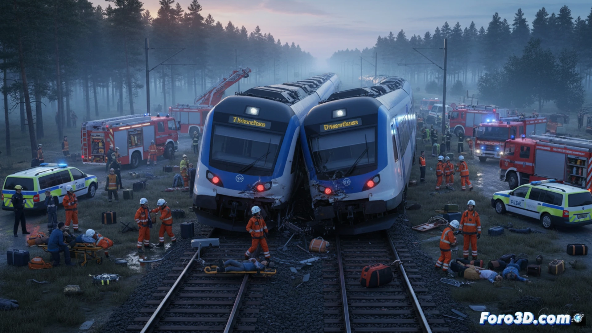 Escena caótica en vías danesas: dos trenes de cercanías chocados de frente, con equipos de rescate asistiendo a heridos cerca de Hillerod.