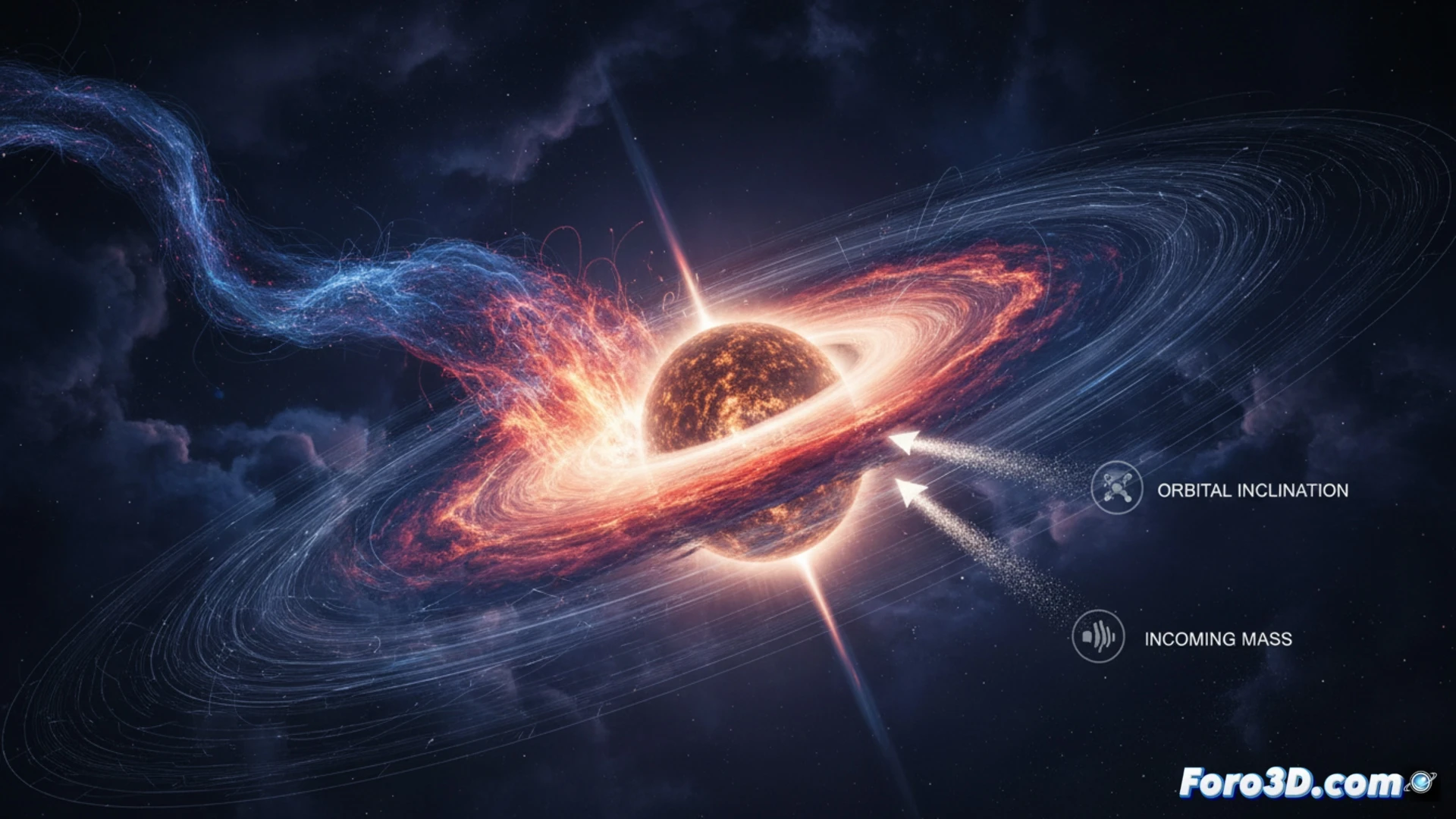 Descripción (80-120 caracteres):  
Colisión de un disco protoplanetario naranja con una corriente de gas azul, con estrellas brillantes y polvo cósmico, simulando acreción estelar.