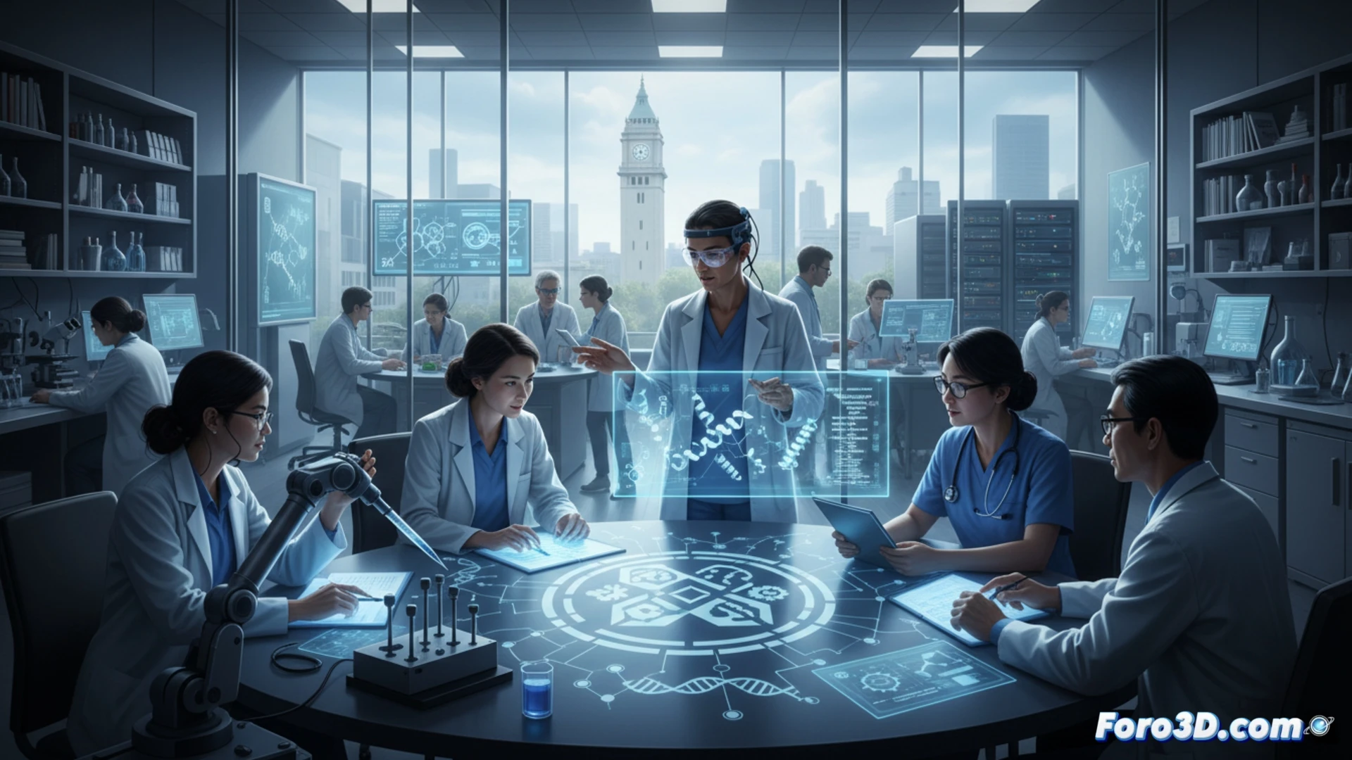 Un biólogo, un informático y un matemático chocan ideas en una sala, simbolizando la fusión interdisciplinaria que impulsa la ciencia en NYU.