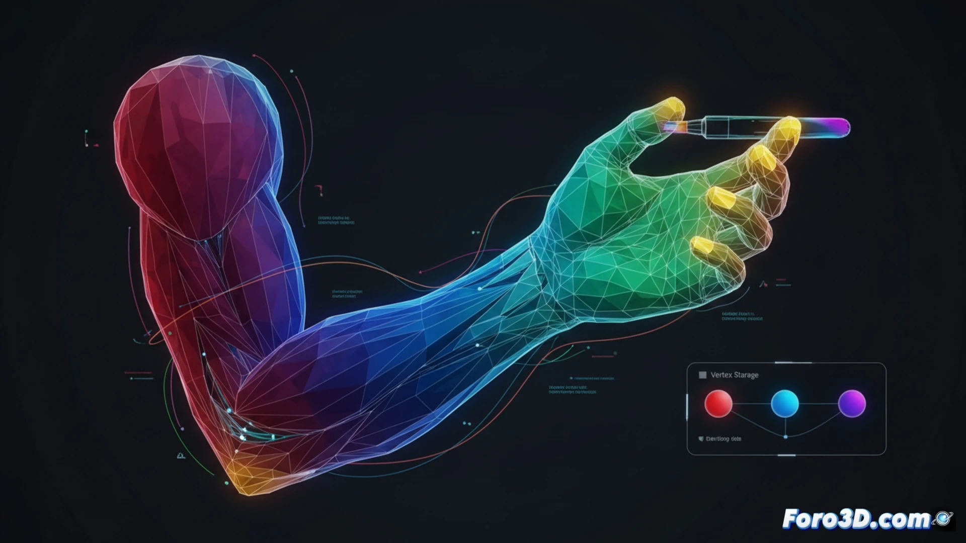 Una malla 3D donde los vértices muestran colores puros (rojo, verde, azul) que se difunden y mezclan sobre la superficie, ilustrando su uso como datos.