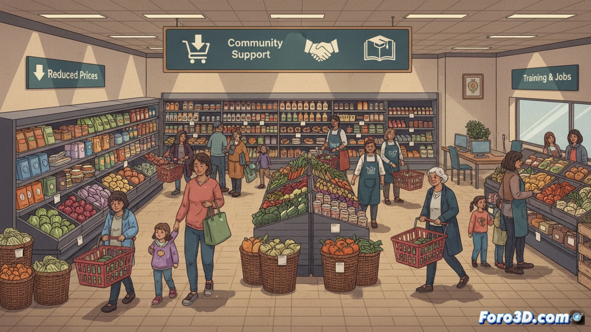 Un supermercado con estanterías llenas de productos, donde clientes eligen con carritos, y un área con asesoría comunitaria.